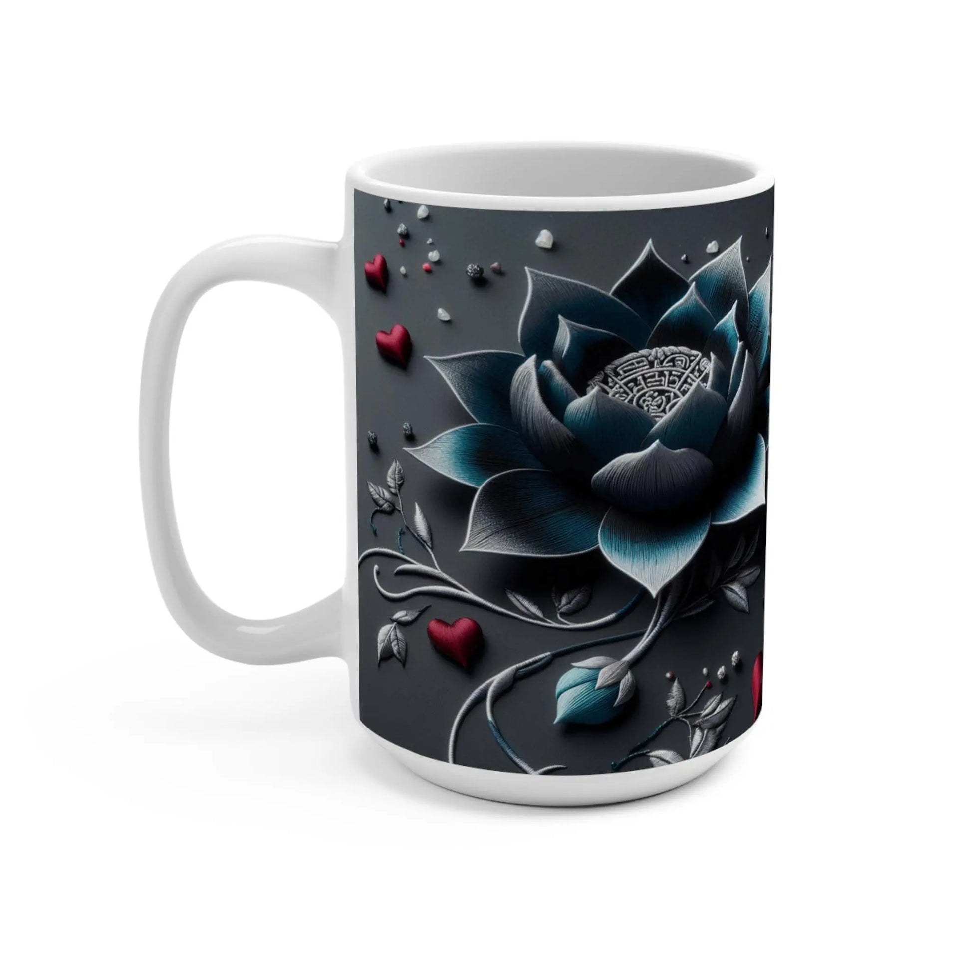 Floral Lotus Mug: Elegant Black and Blue Ceramic Coffee Cup Rainbow Chaos Art Studio
