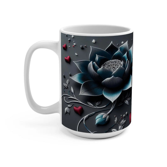 Floral Lotus Mug: Elegant Black and Blue Ceramic Coffee Cup Rainbow Chaos Art Studio