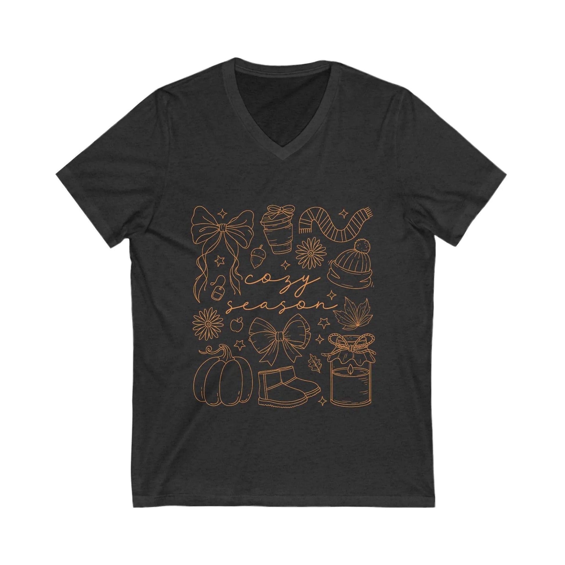 Cozy Season V-Neck Tee: Unisex Fall & Holiday Celebrations Rainbow Chaos Art Studio