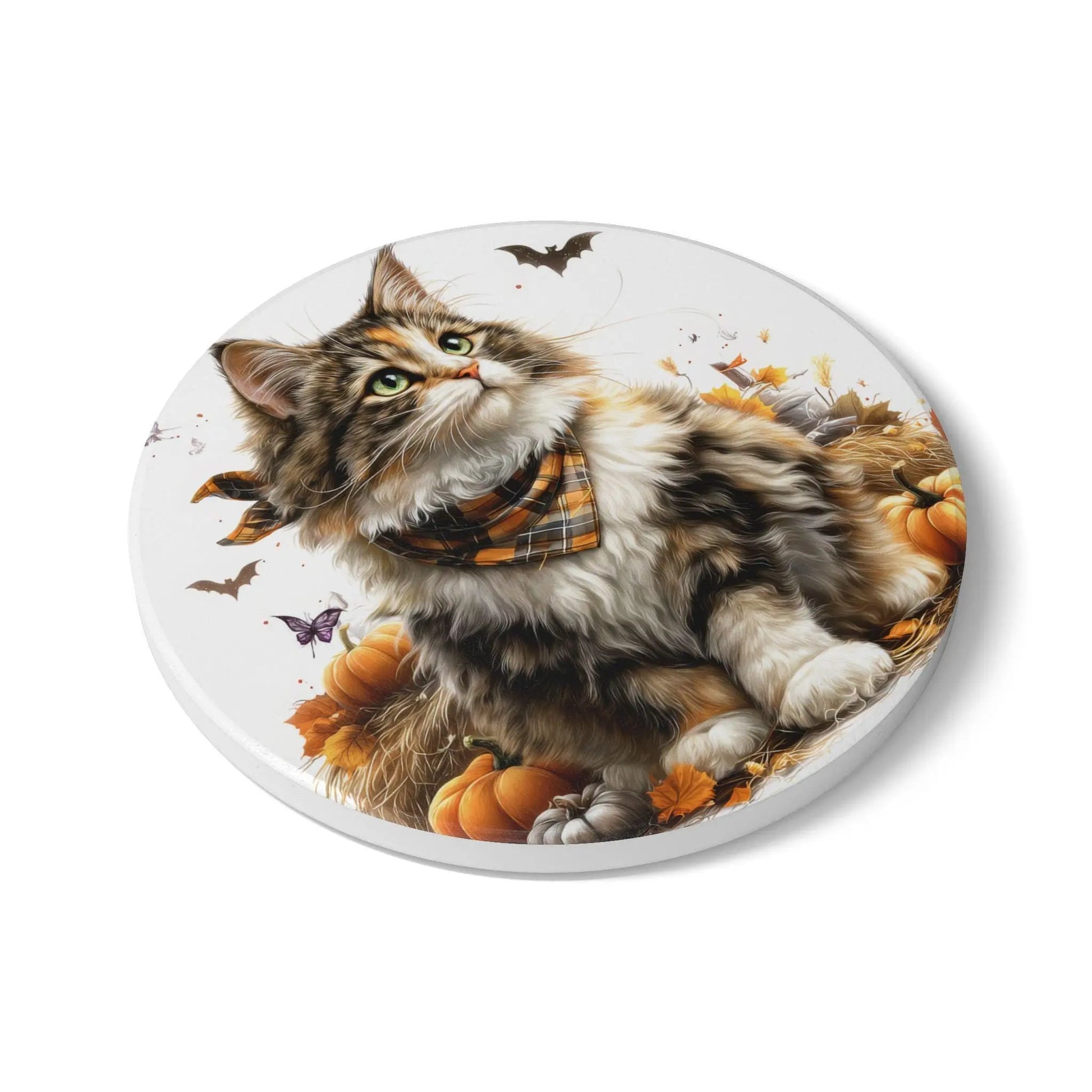 Norwegian Forest Cat Ceramic Coaster: Whimsical Fall Decor Rainbow Chaos Art Studio