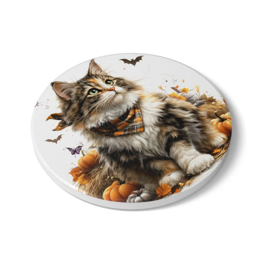 Norwegian Forest Cat Ceramic Coaster: Whimsical Fall Decor Rainbow Chaos Art Studio