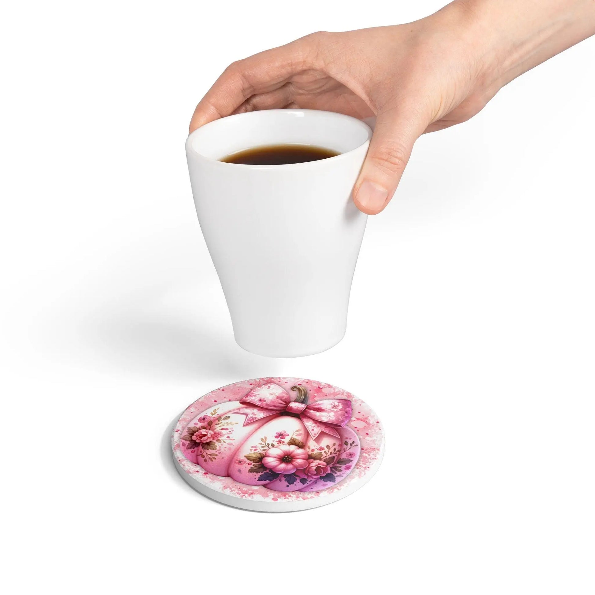 Pink Pumpkin Floral Ceramic Coaster: Fall Home Decor Rainbow Chaos Art Studio