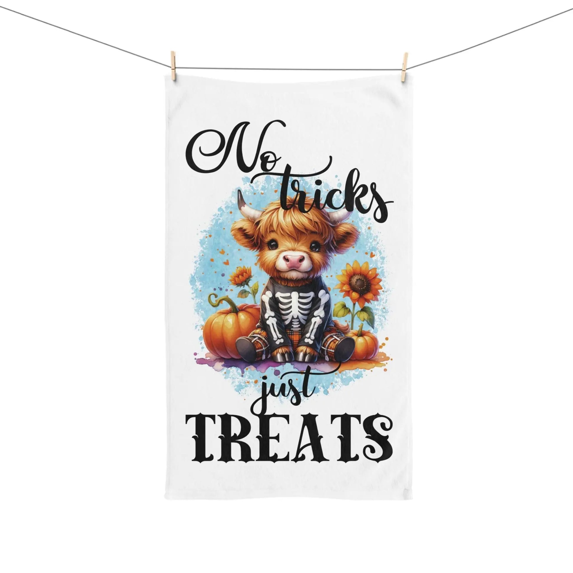 Halloween-Themed Hand Towel, Cute Cow Design, No Tricks Just Treats, Kitchen Decor, Fall Decor, Fun Gift Idea Rainbow Chaos Art Studio