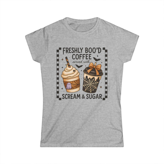 Halloween Coffee Ghost Tee: Women's Softstyle Spooky Shirt Rainbow Chaos Art Studio