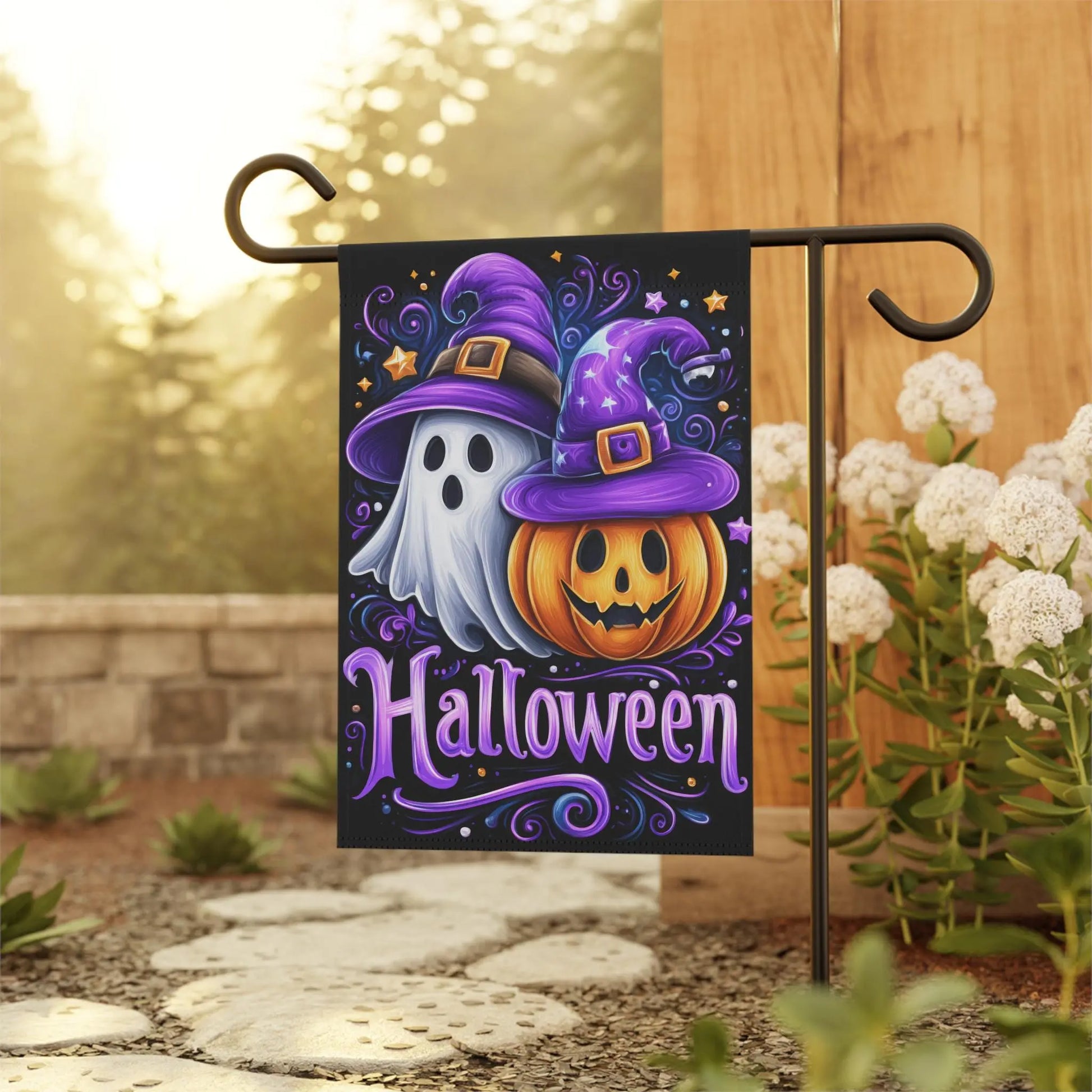 Halloween Garden Flag: Spooky Ghosts & Pumpkins - Double Sided Rainbow Chaos Art Studio