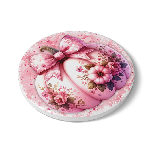 Pink Pumpkin Floral Ceramic Coaster: Fall Home Decor Rainbow Chaos Art Studio