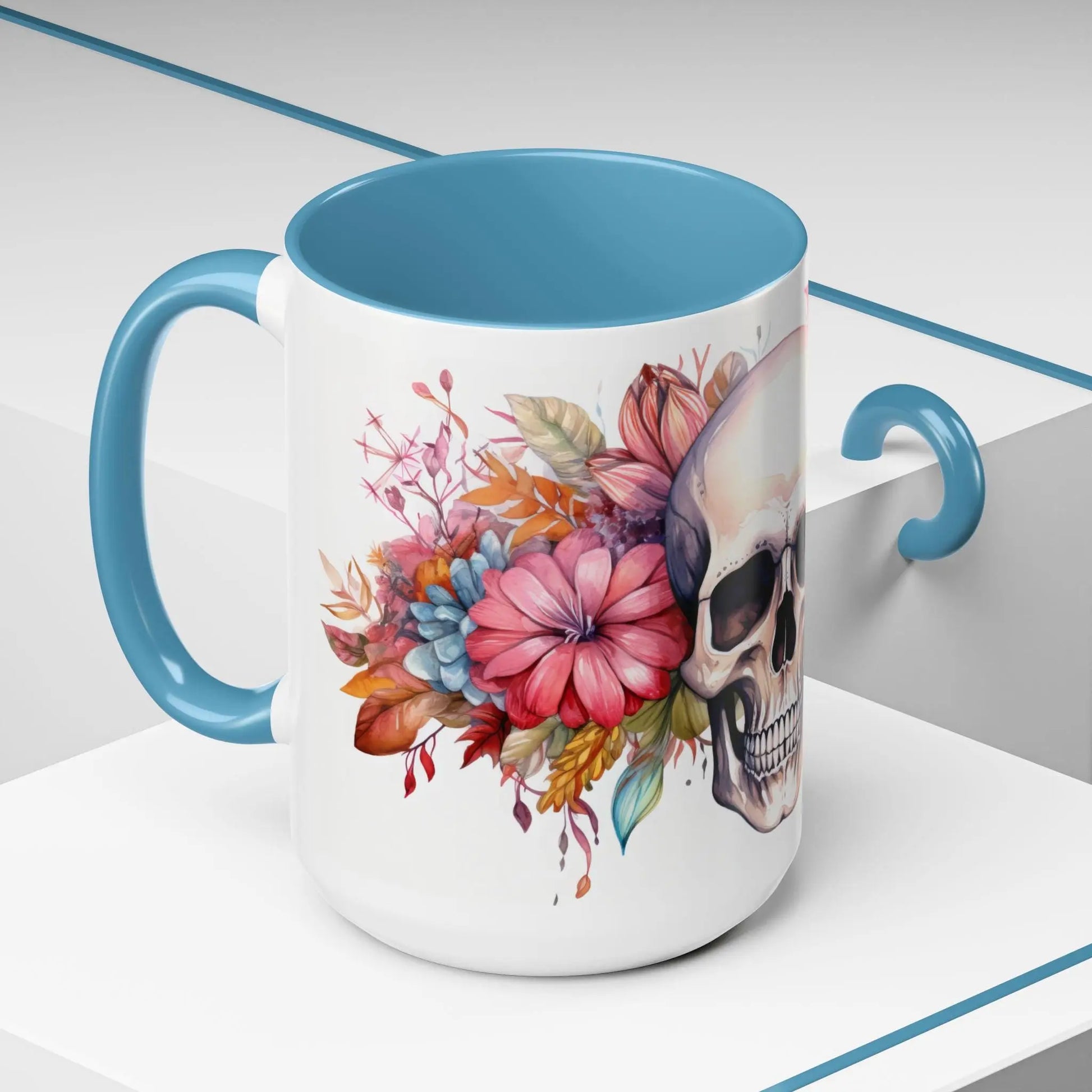 Pretty Floral Skull Coffee Mug, Gothic Coffee Cup, Unique Art Mug, Halloween Gift, Day of the Dead Decor Rainbow Chaos Art Studio
