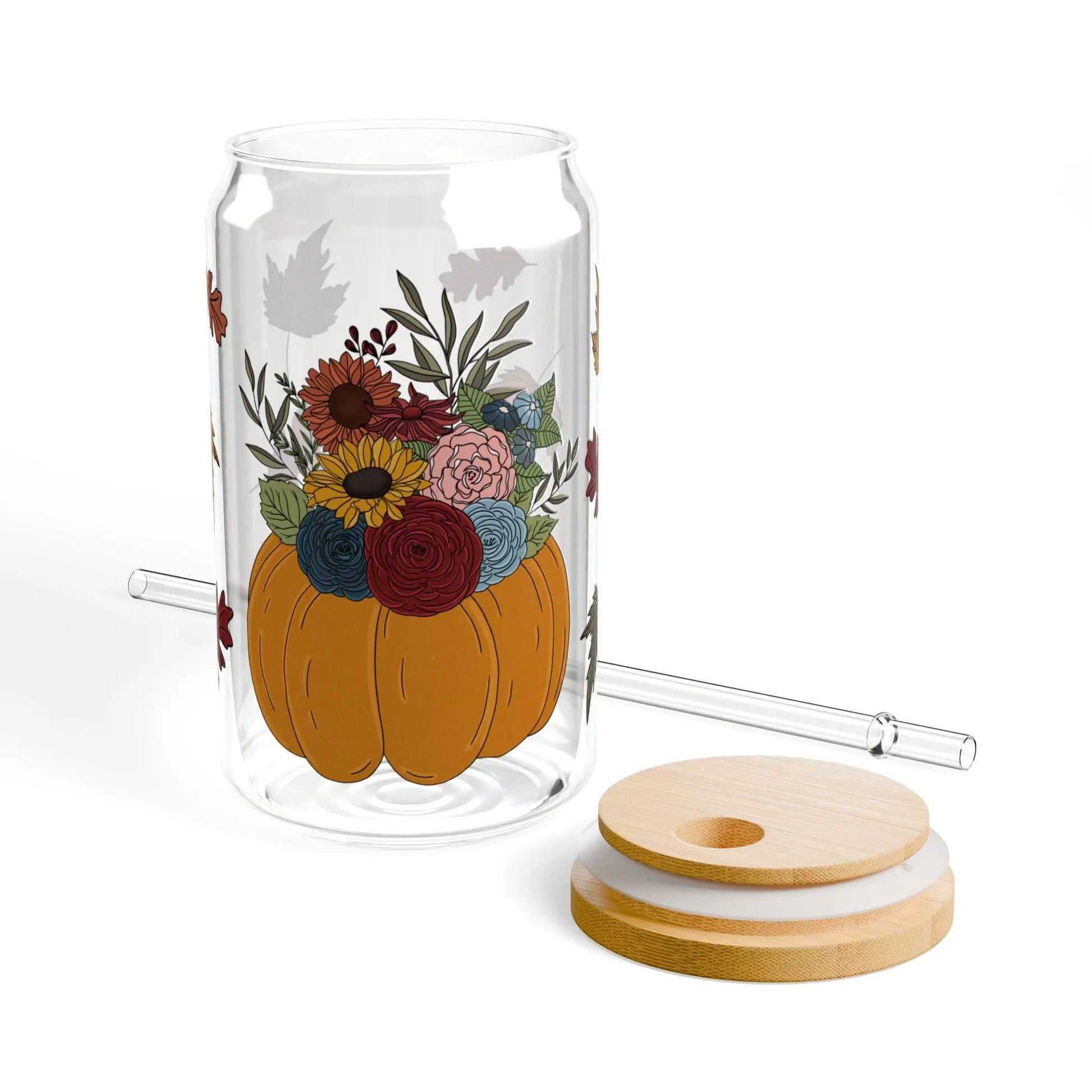Fall Floral Sipper Glass: Pumpkin & Leaf Design with Bamboo Lid Rainbow Chaos Art Studio