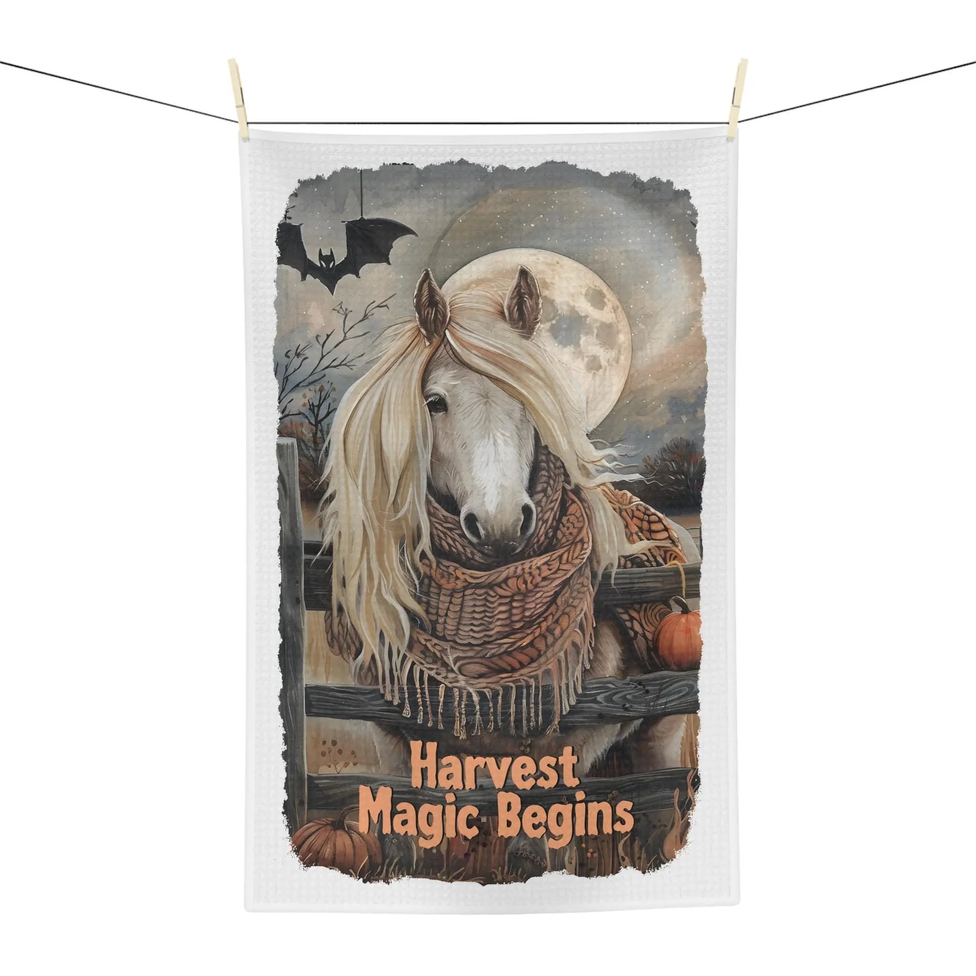 Harvest Horse Tea Towel: Autumn Kitchen Decor, Equestrian Farmhouse Style Rainbow Chaos Art Studio