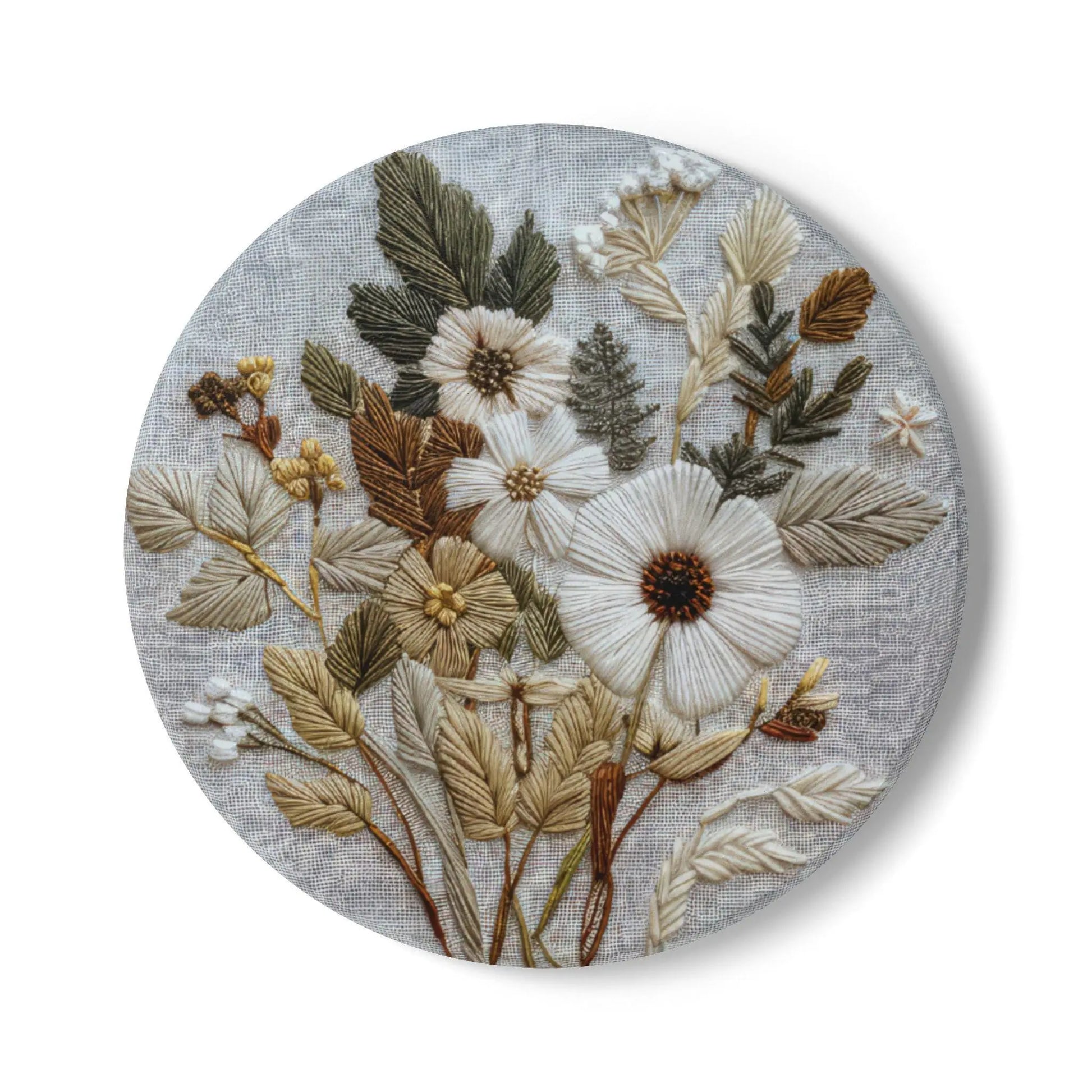Floral Embroidered Ceramic Coaster: Boho Kitchen Decor Rainbow Chaos Art Studio
