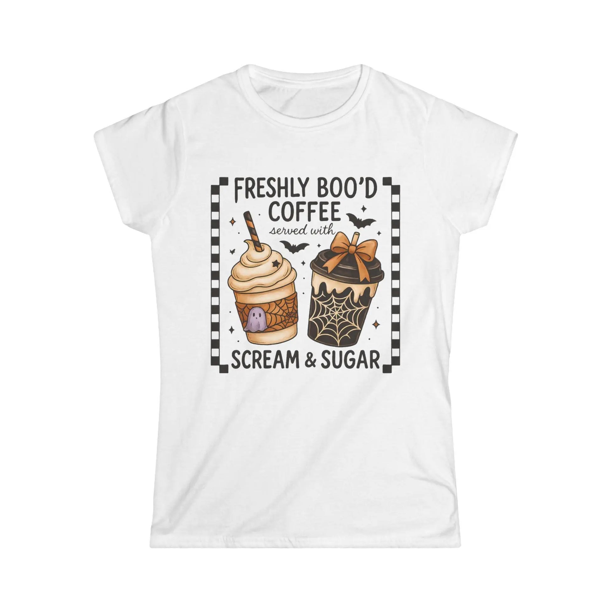 Halloween Coffee Ghost Tee: Women's Softstyle Spooky Shirt Rainbow Chaos Art Studio