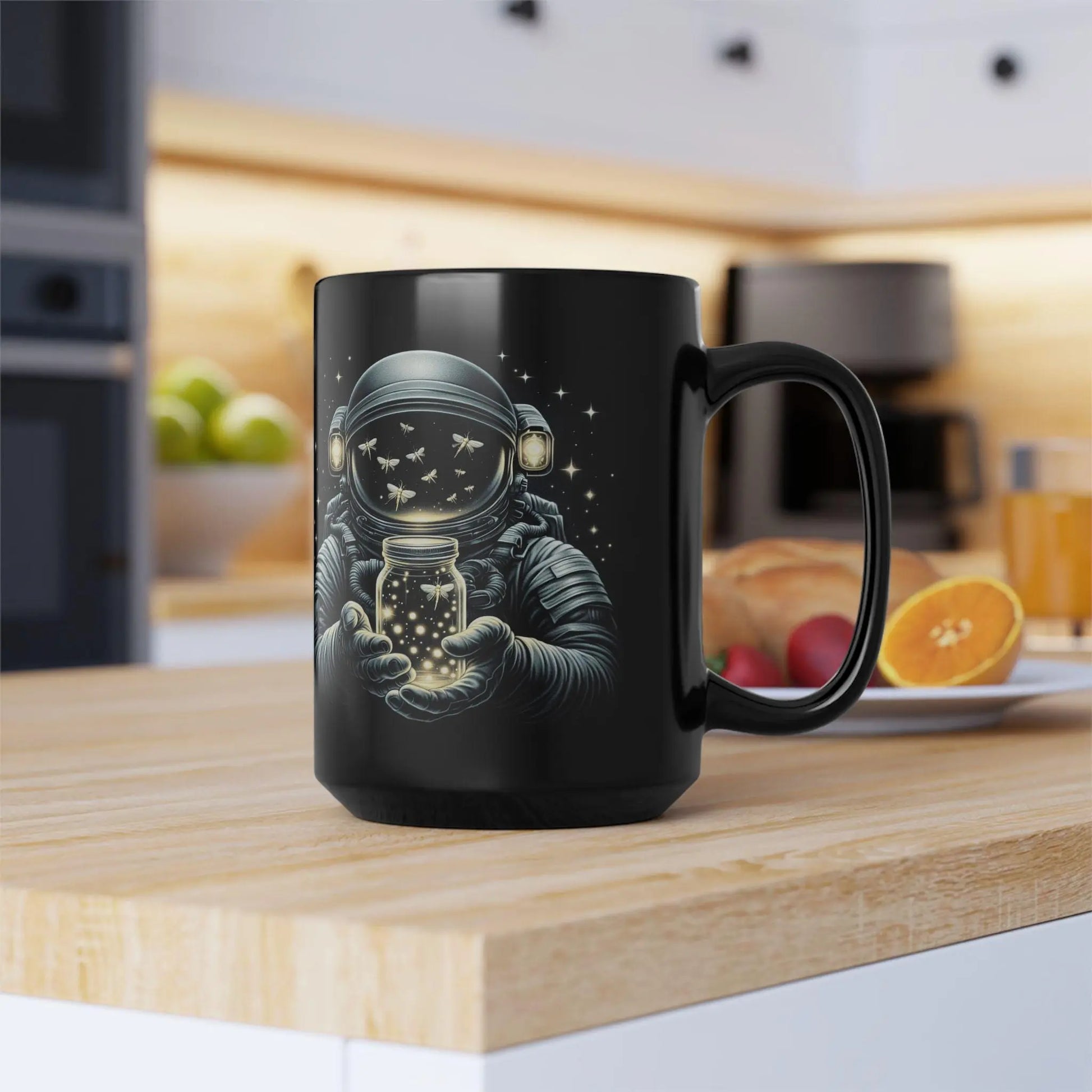 Astronaut Dream Black Coffee Mug: Cosmic Space Lover Gift Rainbow Chaos Art Studio