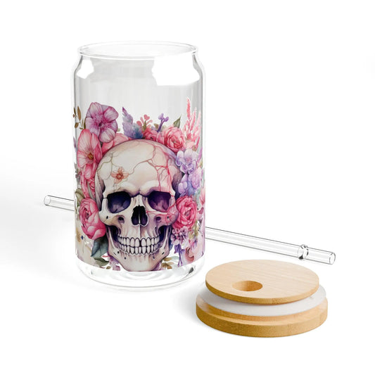 Floral Skull Sipper Glass: 16oz Reusable Drinkware Rainbow Chaos Art Studio