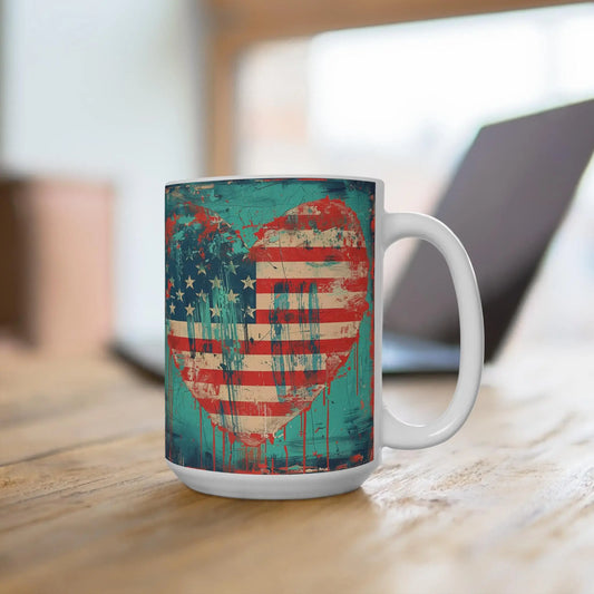 Patriotic Heart Mug: Americana Coffee Cup, 4th of July Drinkware Rainbow Chaos Art Studio