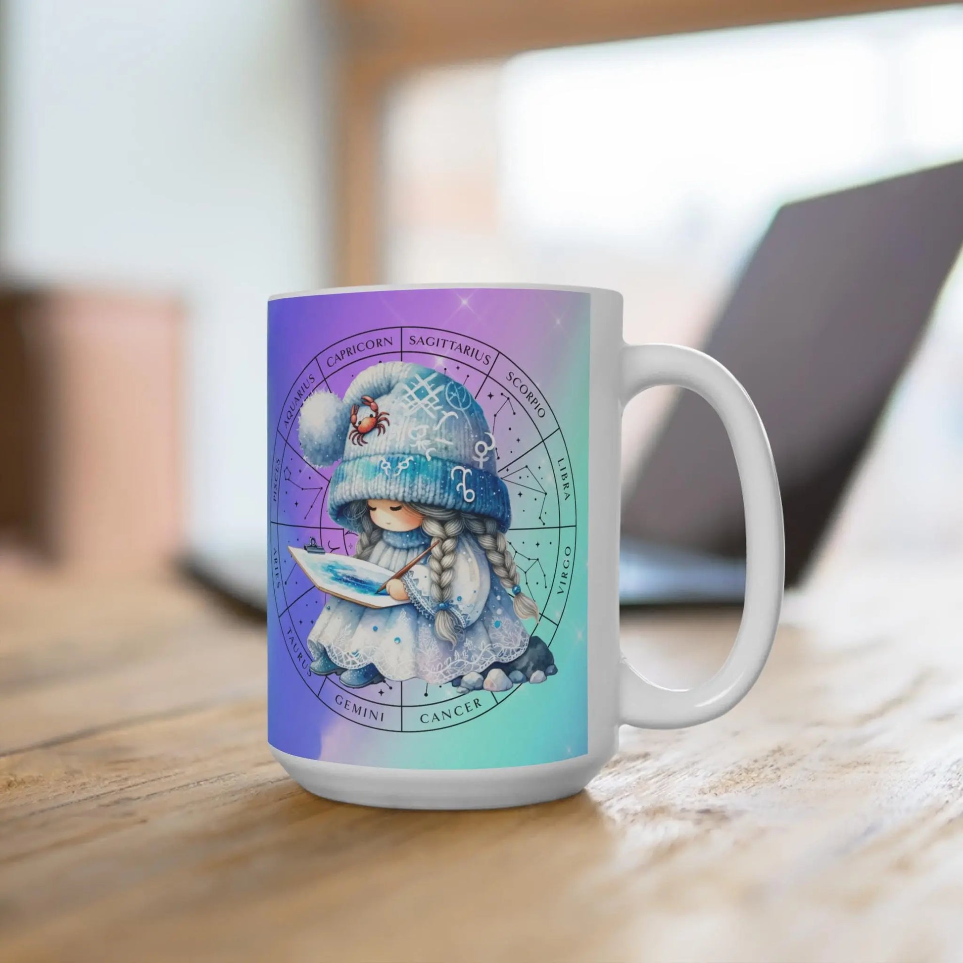 Cancer Zodiac Gnome Mug: Astrology Coffee Cup, Birthday Gift Rainbow Chaos Art Studio