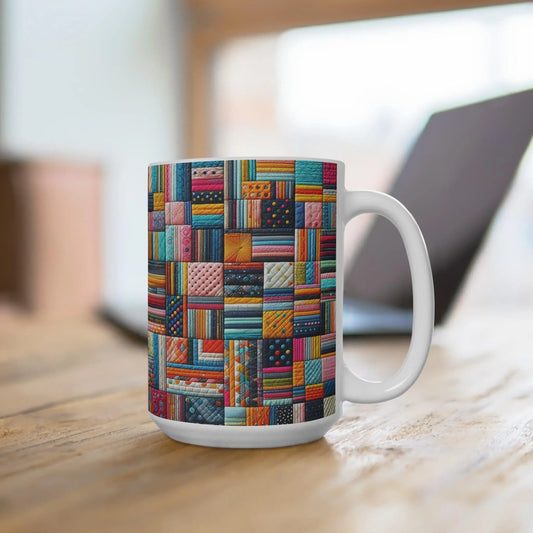 Colorful Patchwork Ceramic Mug: Fun Coffee Cup, Craft Lover Gift Rainbow Chaos Art Studio