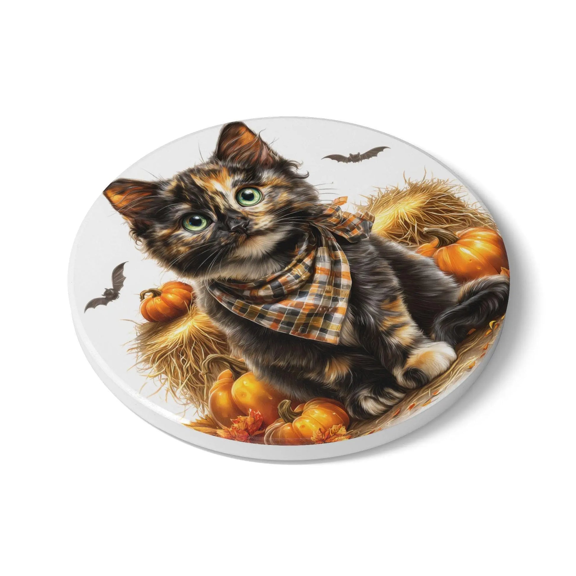 Autumn Cat Ceramic Coaster: Tortoiseshell Design, Fall Decor Rainbow Chaos Art Studio
