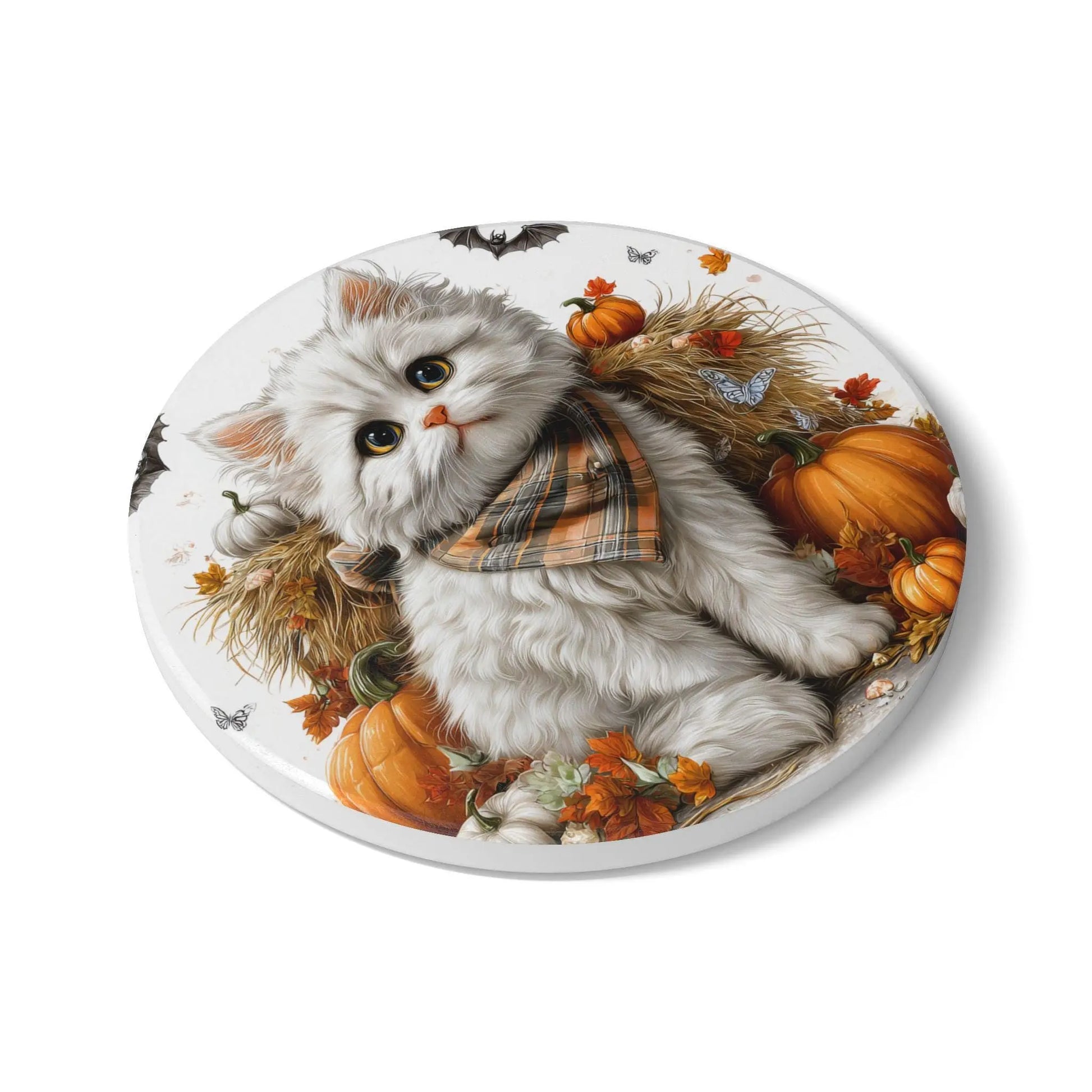 Autumn Kitten Ceramic Coaster: White Cat Fall Decor Rainbow Chaos Art Studio