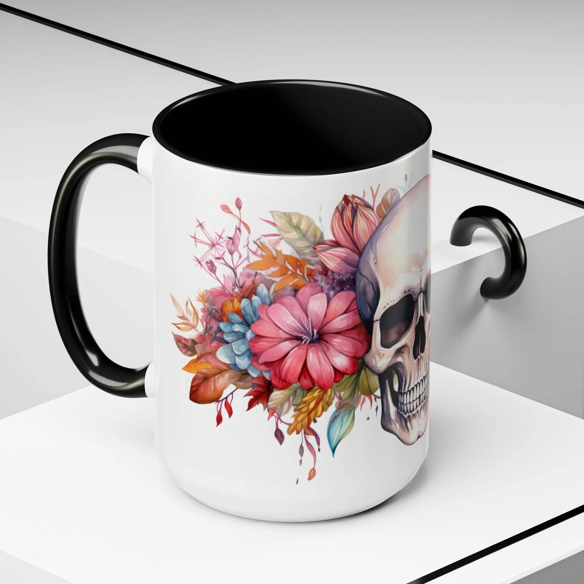 Pretty Floral Skull Coffee Mug, Gothic Coffee Cup, Unique Art Mug, Halloween Gift, Day of the Dead Decor Rainbow Chaos Art Studio