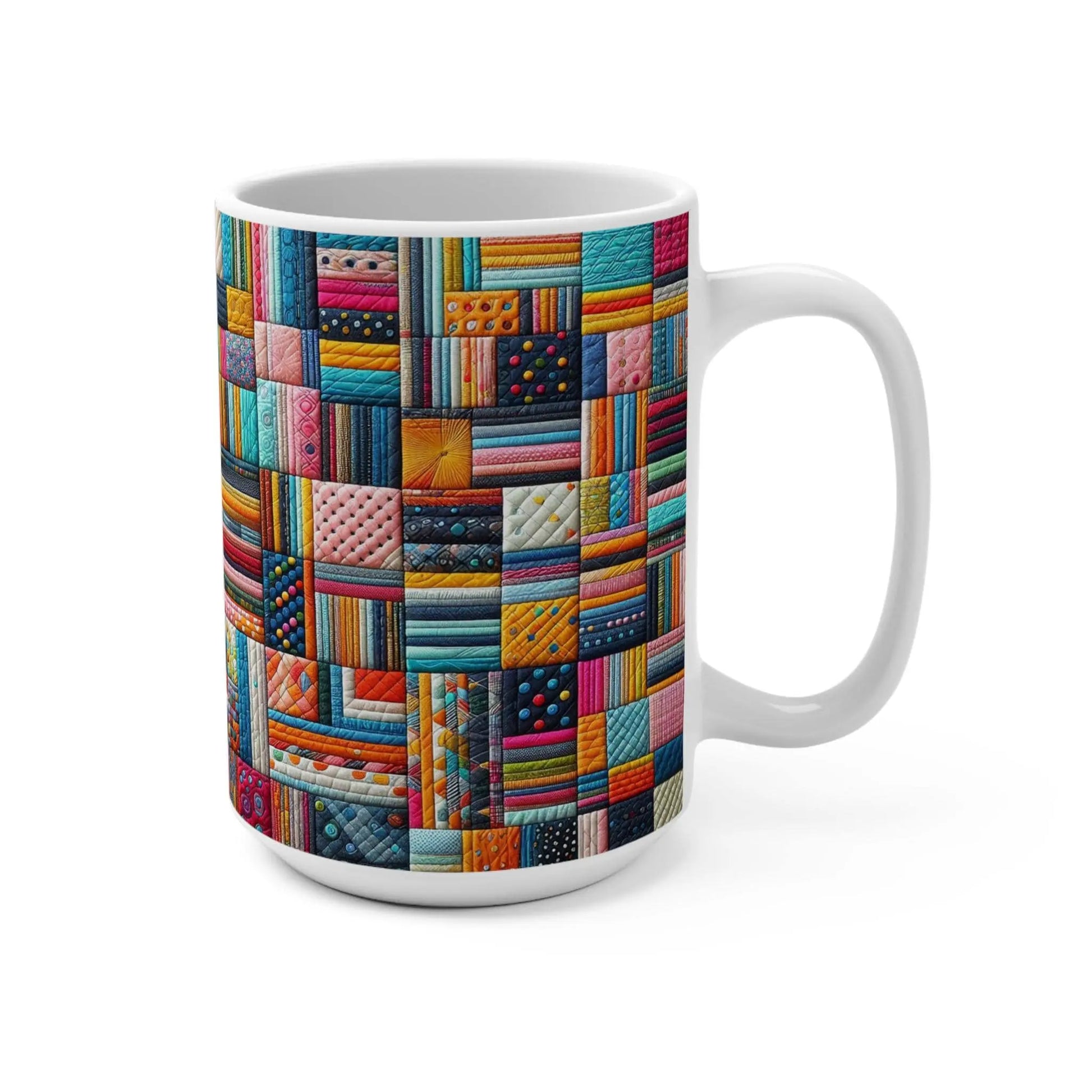 Colorful Patchwork Ceramic Mug: Fun Coffee Cup, Craft Lover Gift Rainbow Chaos Art Studio