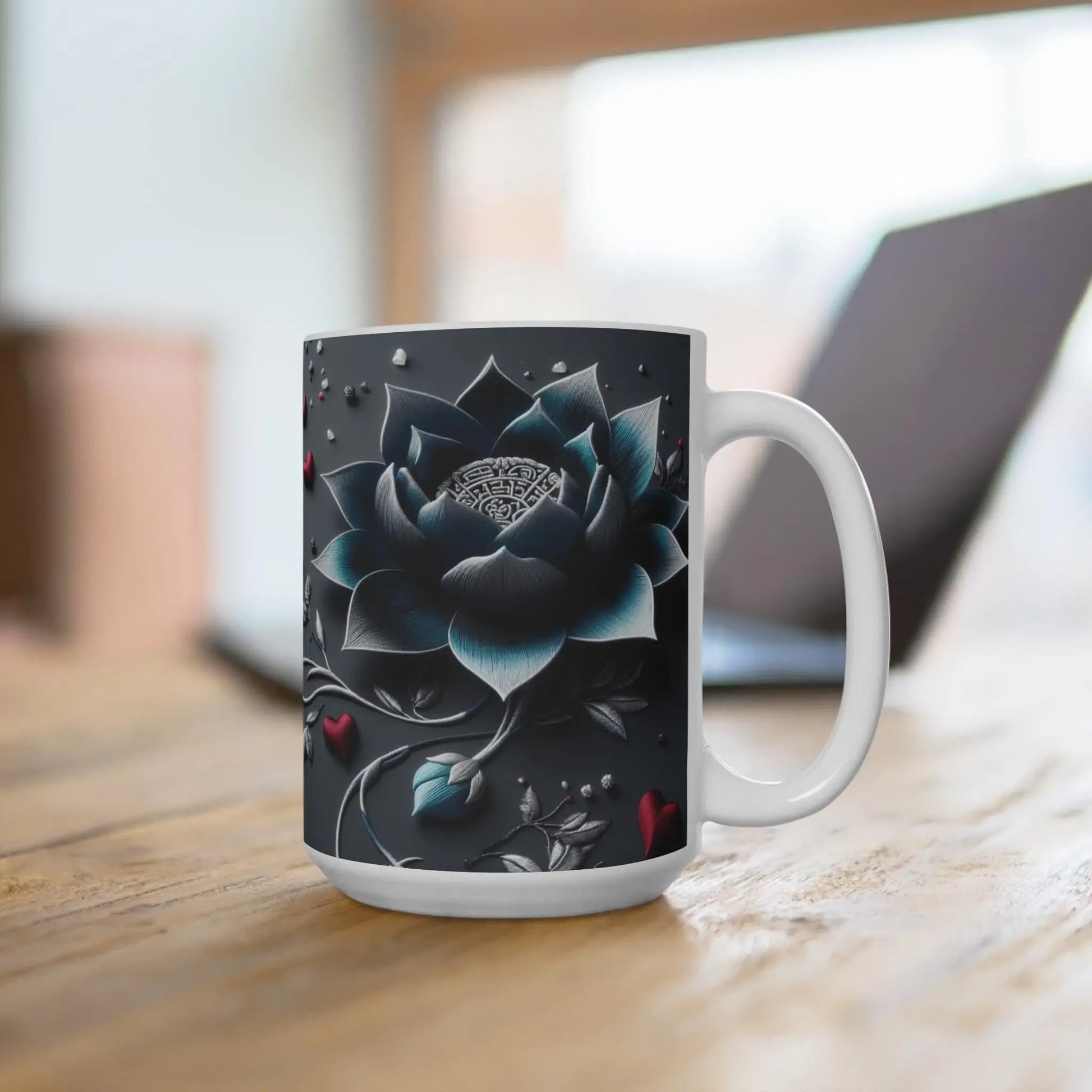 Floral Lotus Mug: Elegant Black and Blue Ceramic Coffee Cup Rainbow Chaos Art Studio