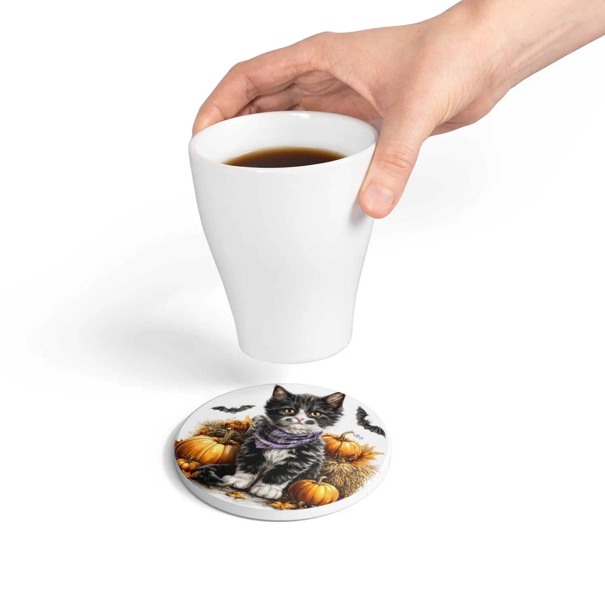Tuxedo Cat Halloween Coaster: Ceramic Fall Decor Rainbow Chaos Art Studio