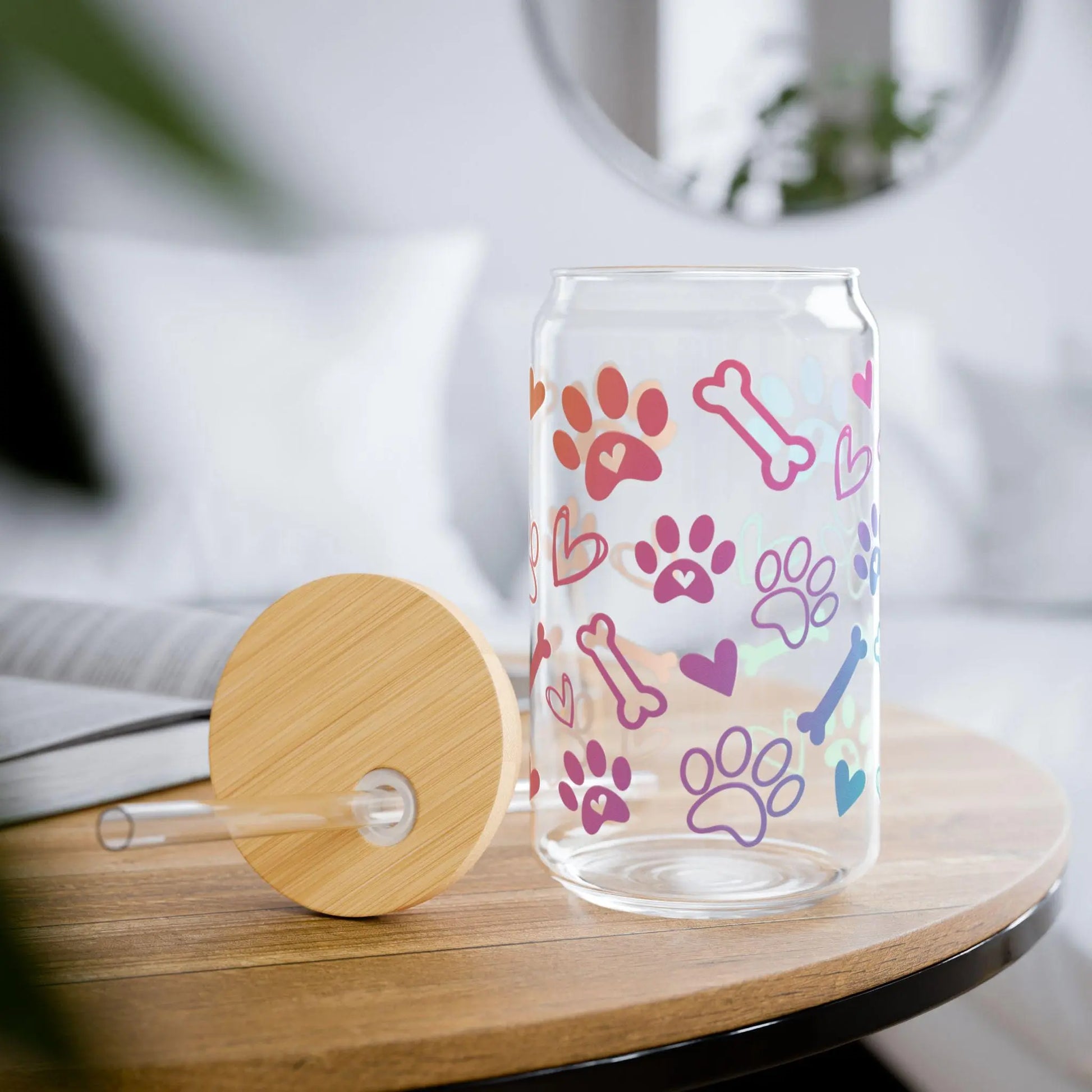 Paw Print Sipper Glass: 16oz Dog Mom Tumbler with Lid & Straw Rainbow Chaos Art Studio