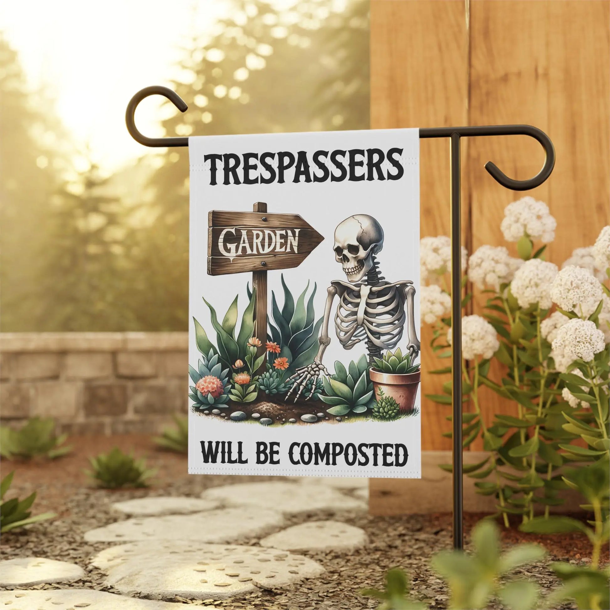 Funny Garden Banner: Trespassers Will Be Composted - Humorous Garden Decor Rainbow Chaos Art Studio