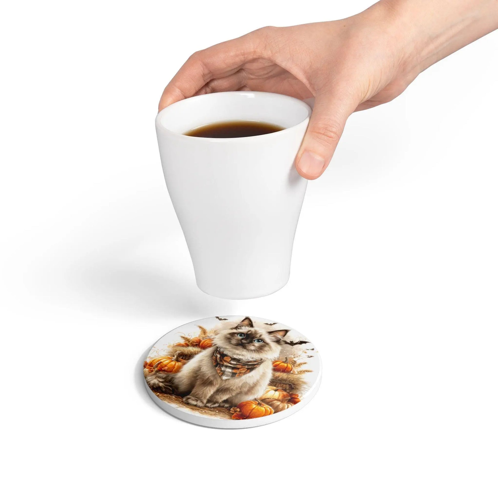 Birman Cat Ceramic Coaster: Autumn Fall Decor, Pet Lover Gift Rainbow Chaos Art Studio