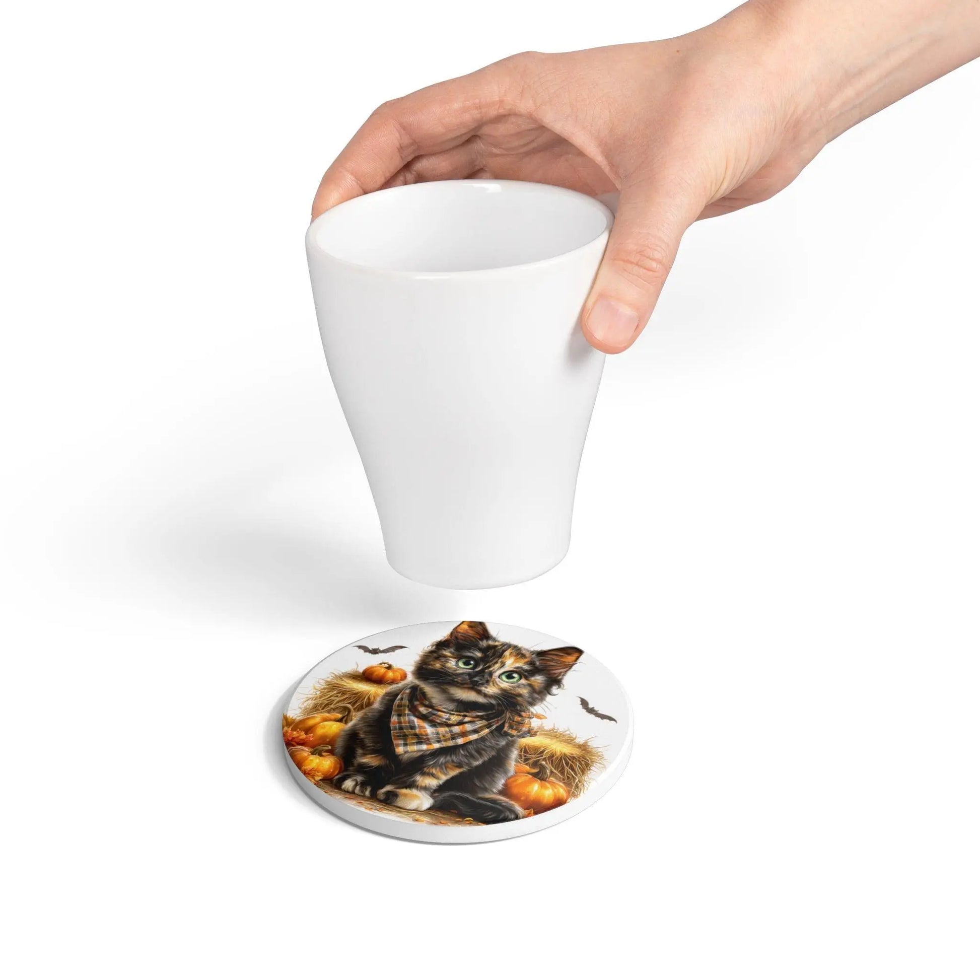 Autumn Cat Ceramic Coaster: Tortoiseshell Design, Fall Decor Rainbow Chaos Art Studio