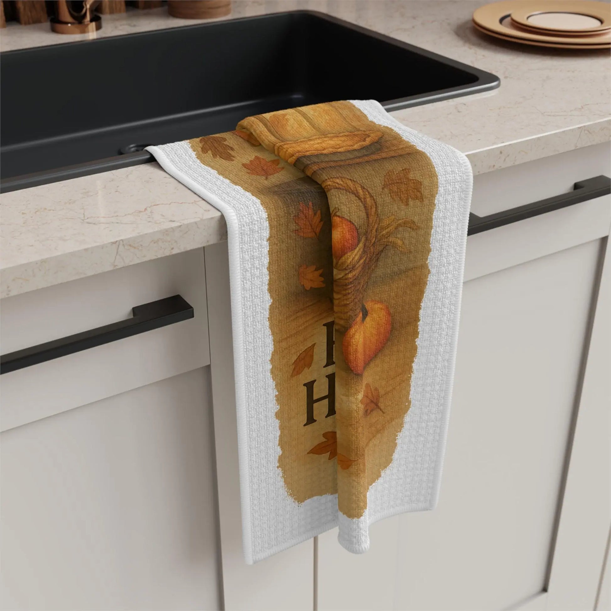 Harvest Hearth Microfiber Tea Towel: Rustic Fall Kitchen Decor Rainbow Chaos Art Studio