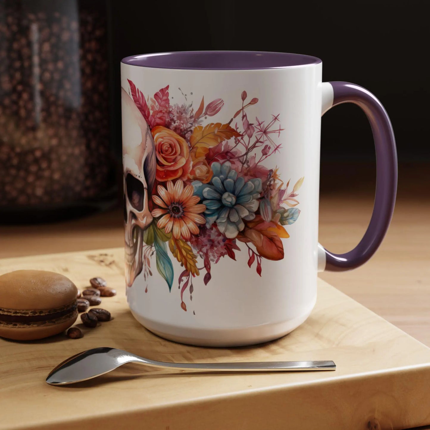Pretty Floral Skull Coffee Mug, Gothic Coffee Cup, Unique Art Mug, Halloween Gift, Day of the Dead Decor Rainbow Chaos Art Studio