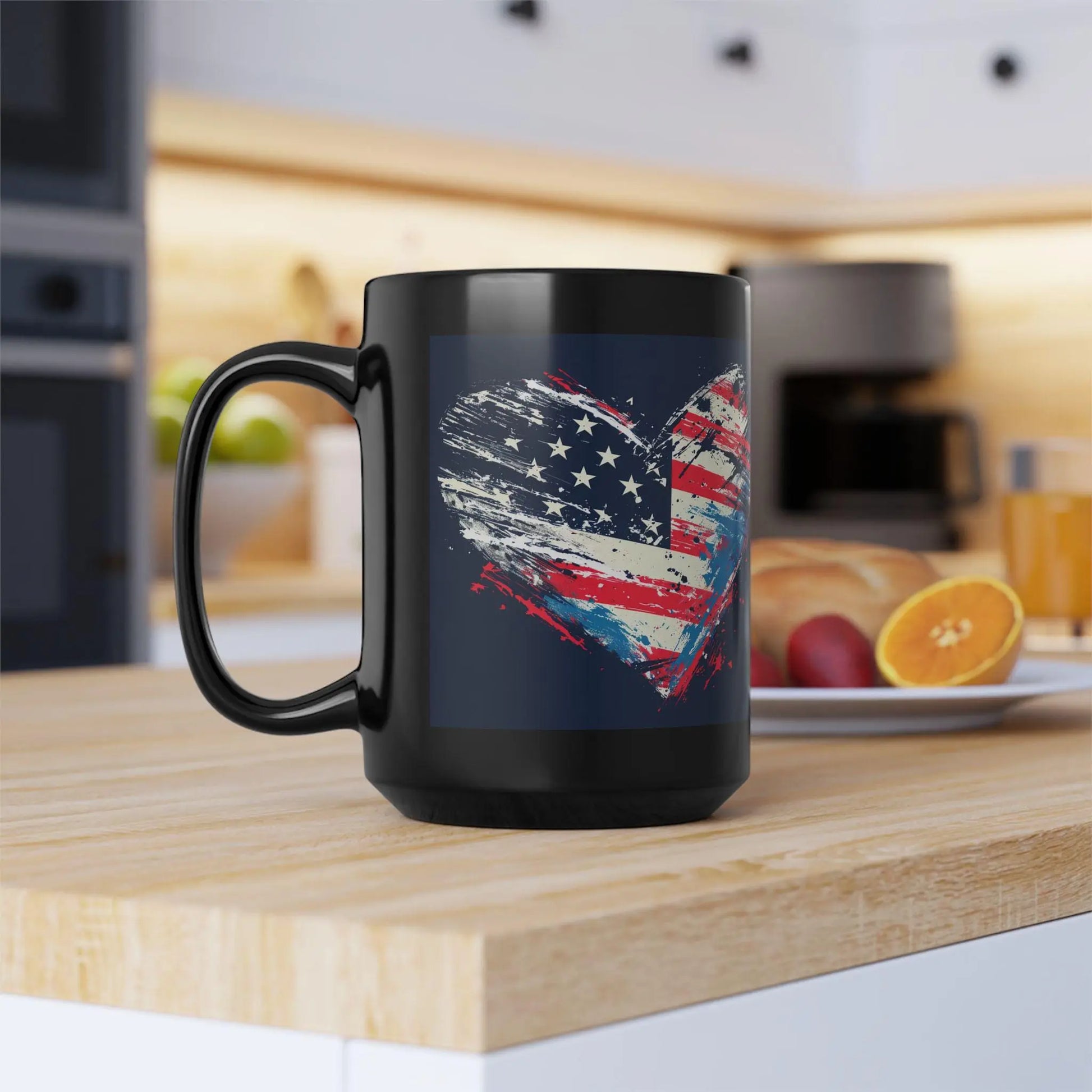 Patriotic Heart Mug: 15oz Black Coffee Cup, USA Flag Design Rainbow Chaos Art Studio