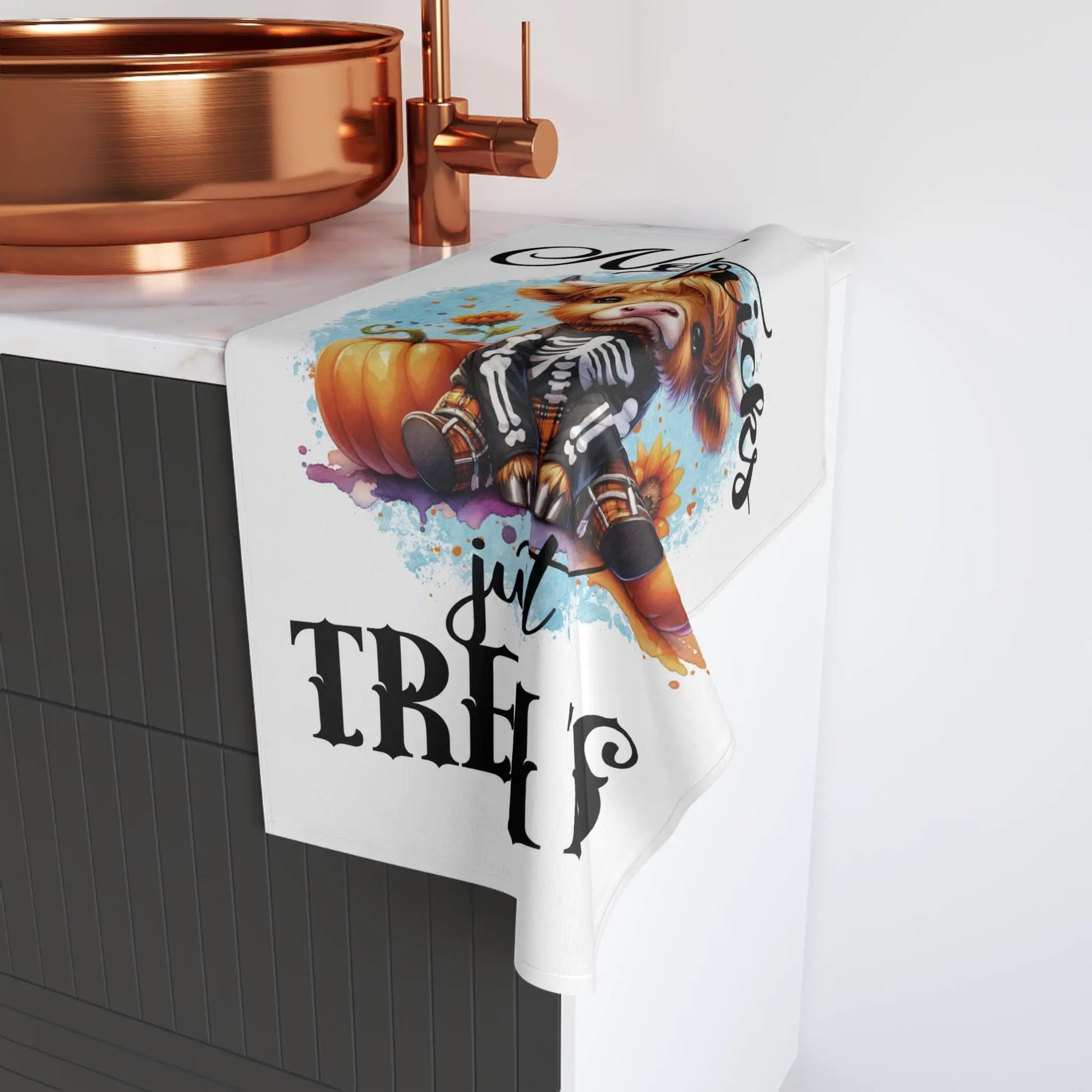 Halloween-Themed Hand Towel, Cute Cow Design, No Tricks Just Treats, Kitchen Decor, Fall Decor, Fun Gift Idea Rainbow Chaos Art Studio