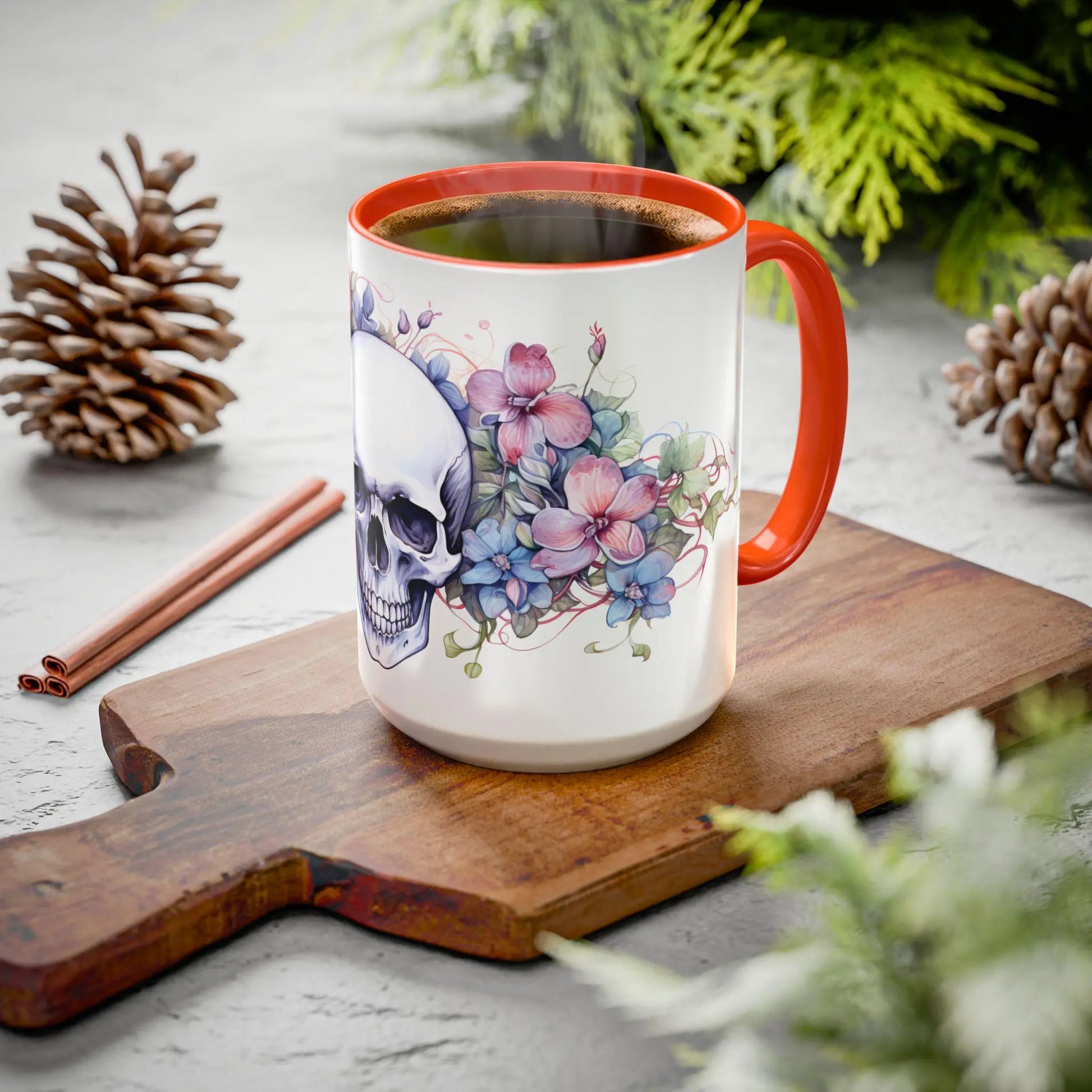 Colorful Skull Flower Coffee Mug: Gothic Floral Drinkware Rainbow Chaos Art Studio