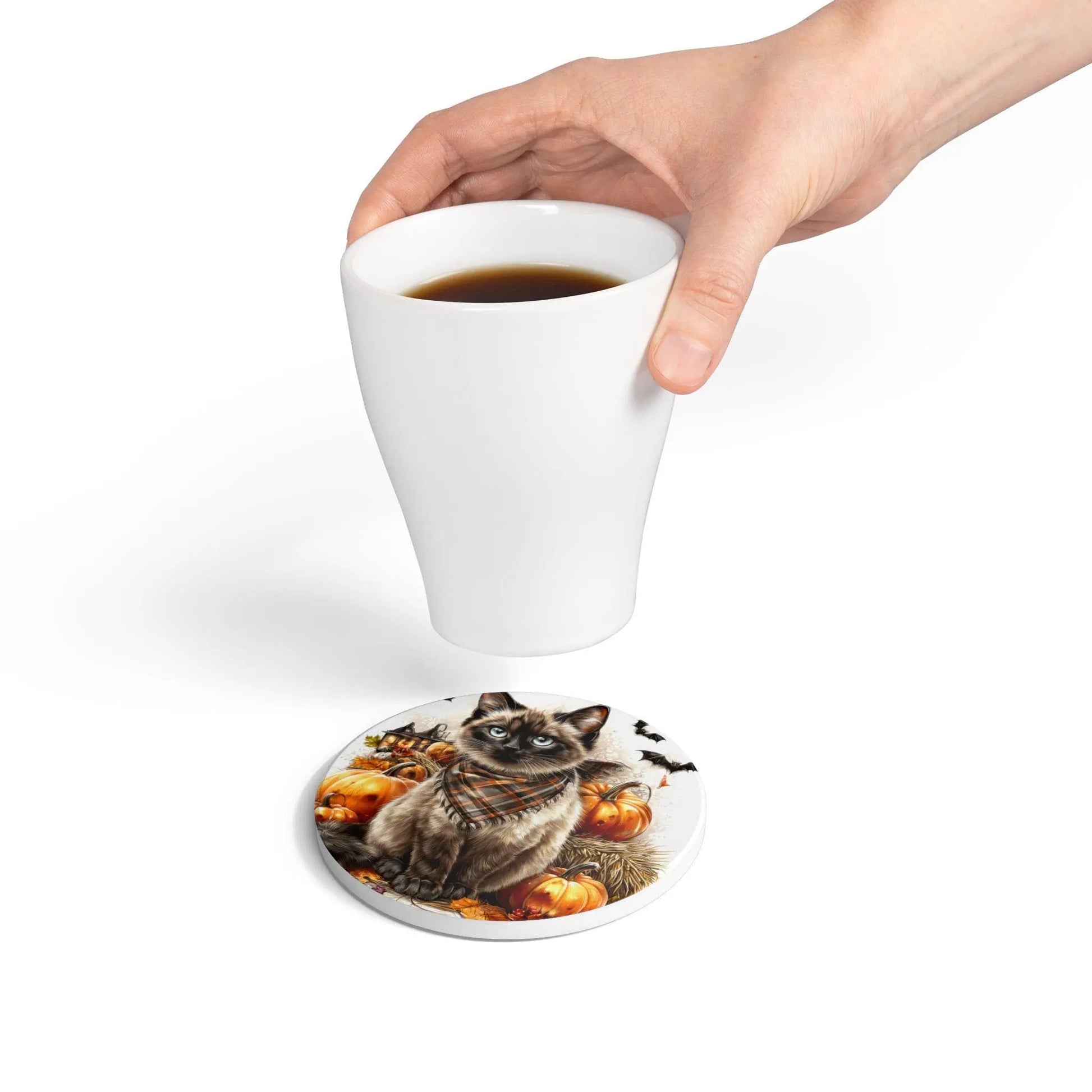 Siamese Cat Ceramic Coaster: Autumn Pumpkin Decor, Fall Vibes Rainbow Chaos Art Studio