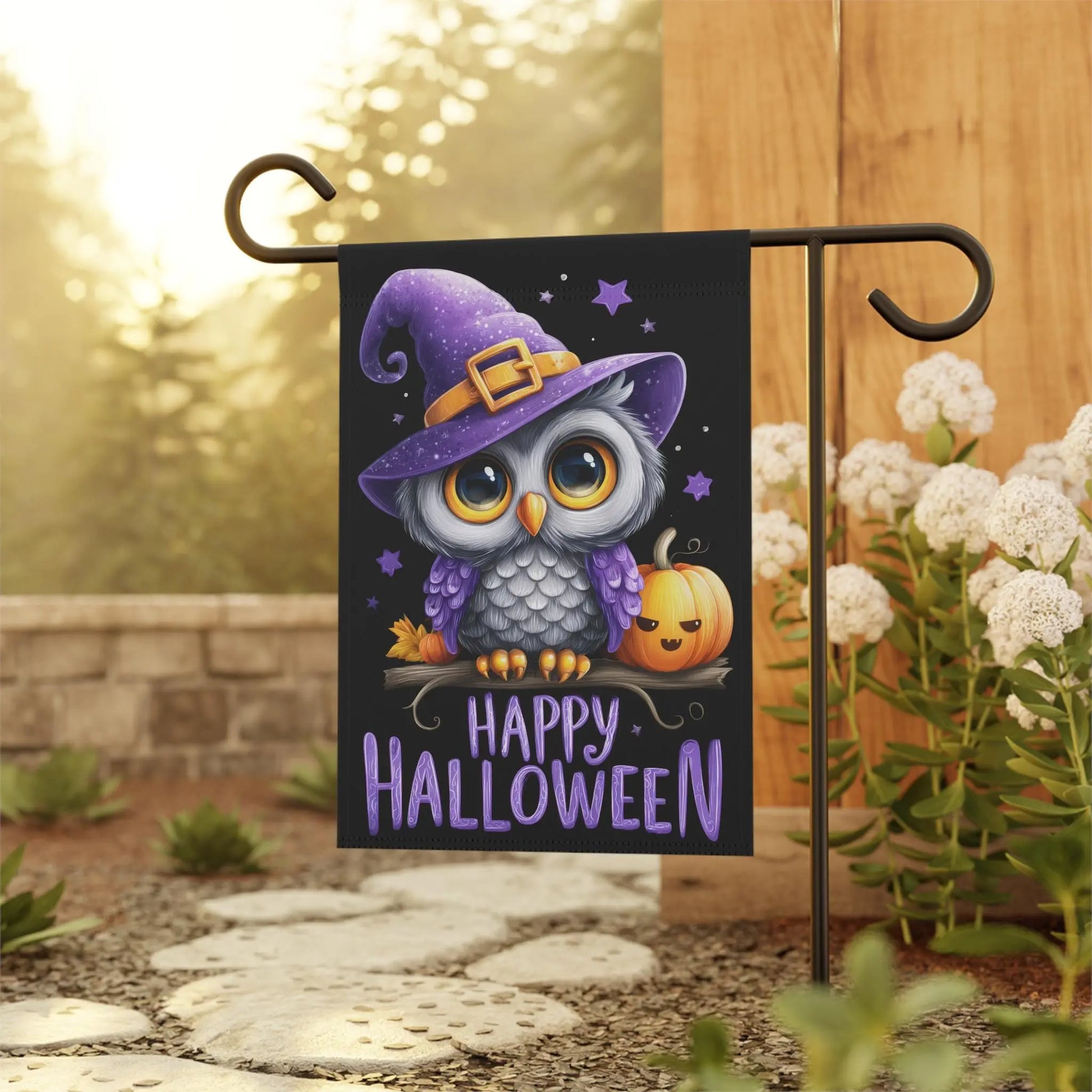 Halloween Garden Banner, Cute Owl with Pumpkin Decoration, Seasonal Home Decor for Fall, Outdoor Halloween Flag, Festive Yard Sign Rainbow Chaos Art Studio