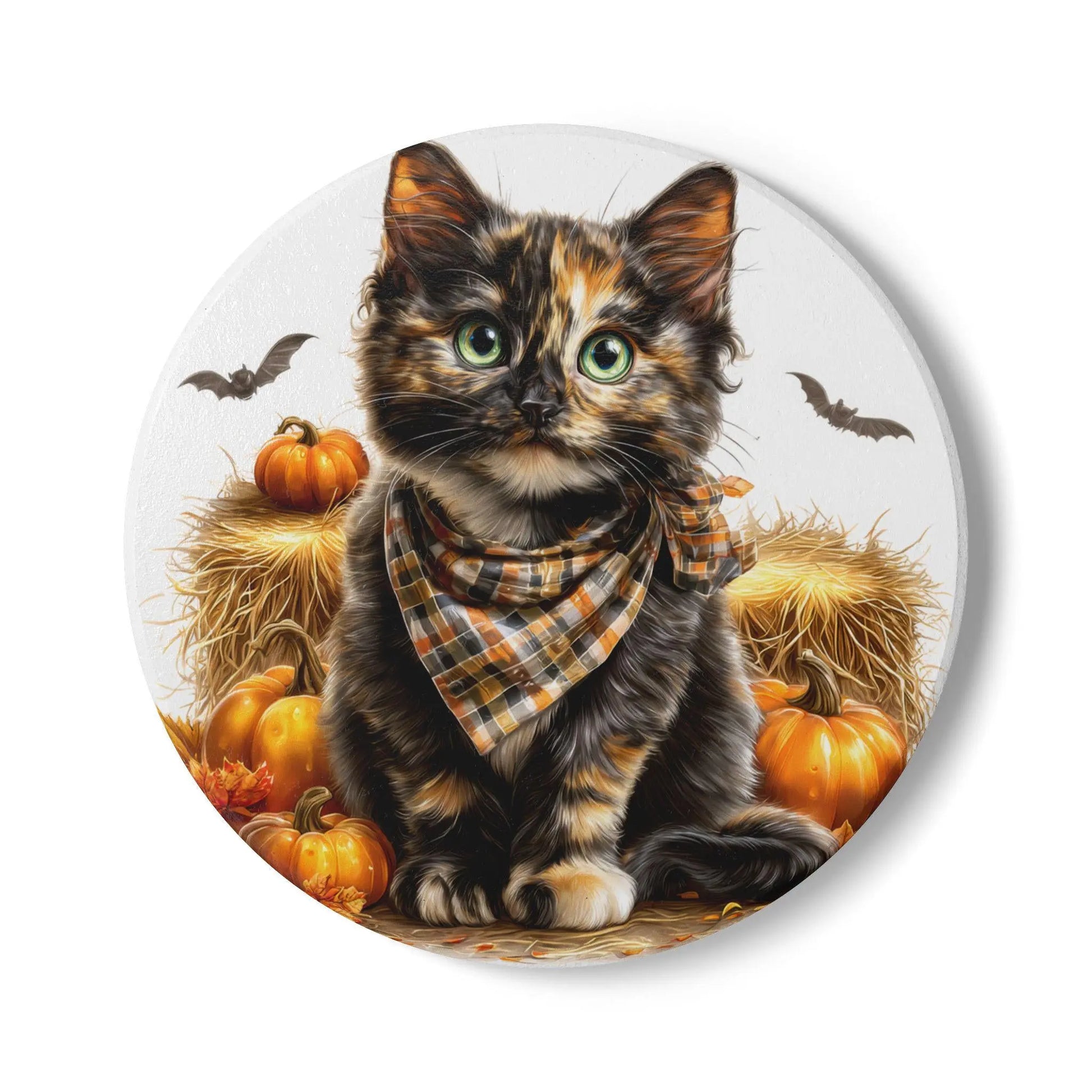 Autumn Cat Ceramic Coaster: Tortoiseshell Design, Fall Decor Rainbow Chaos Art Studio