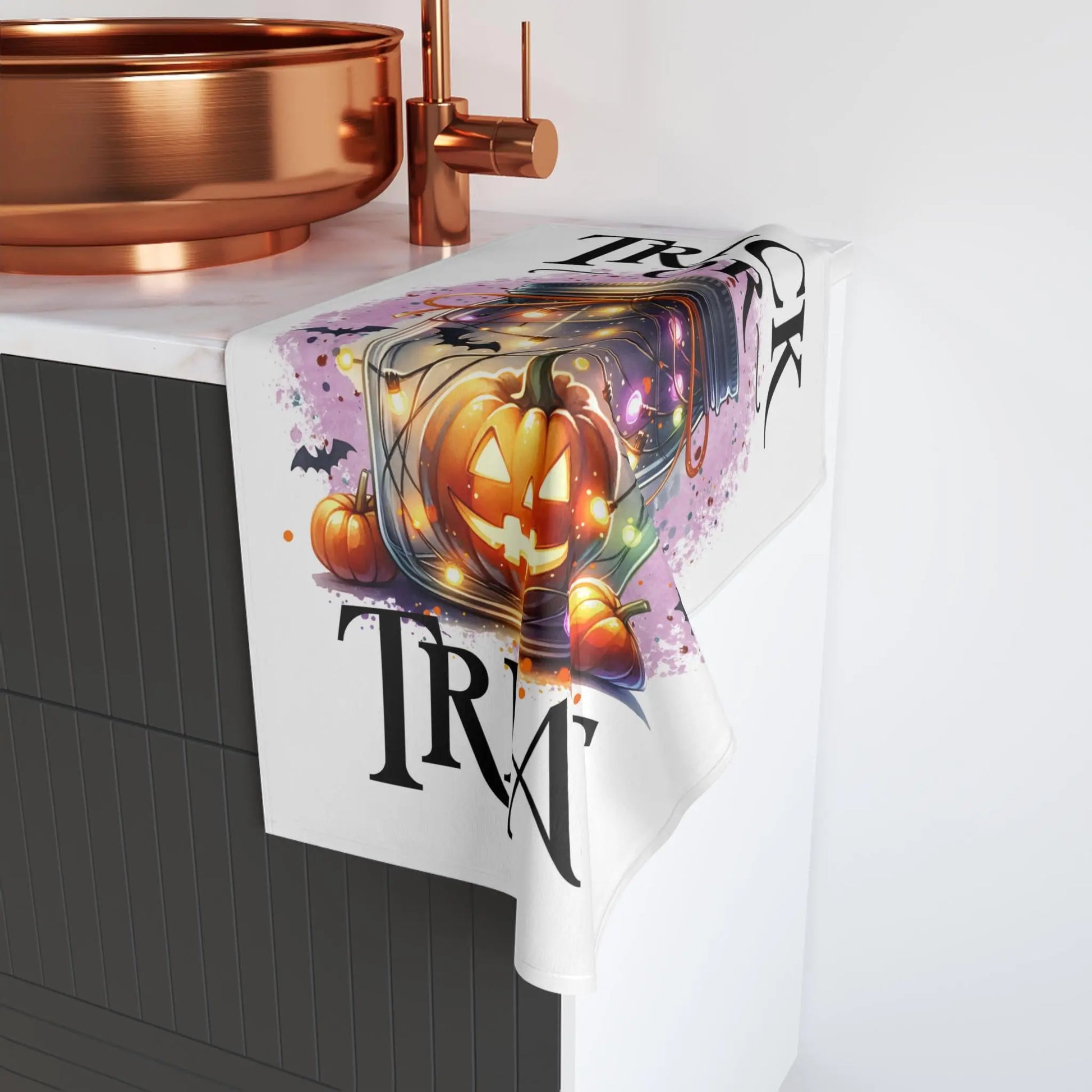 Halloween Hand Towel: Spooky Jack-o'-Lantern Kitchen Decor Rainbow Chaos Art Studio