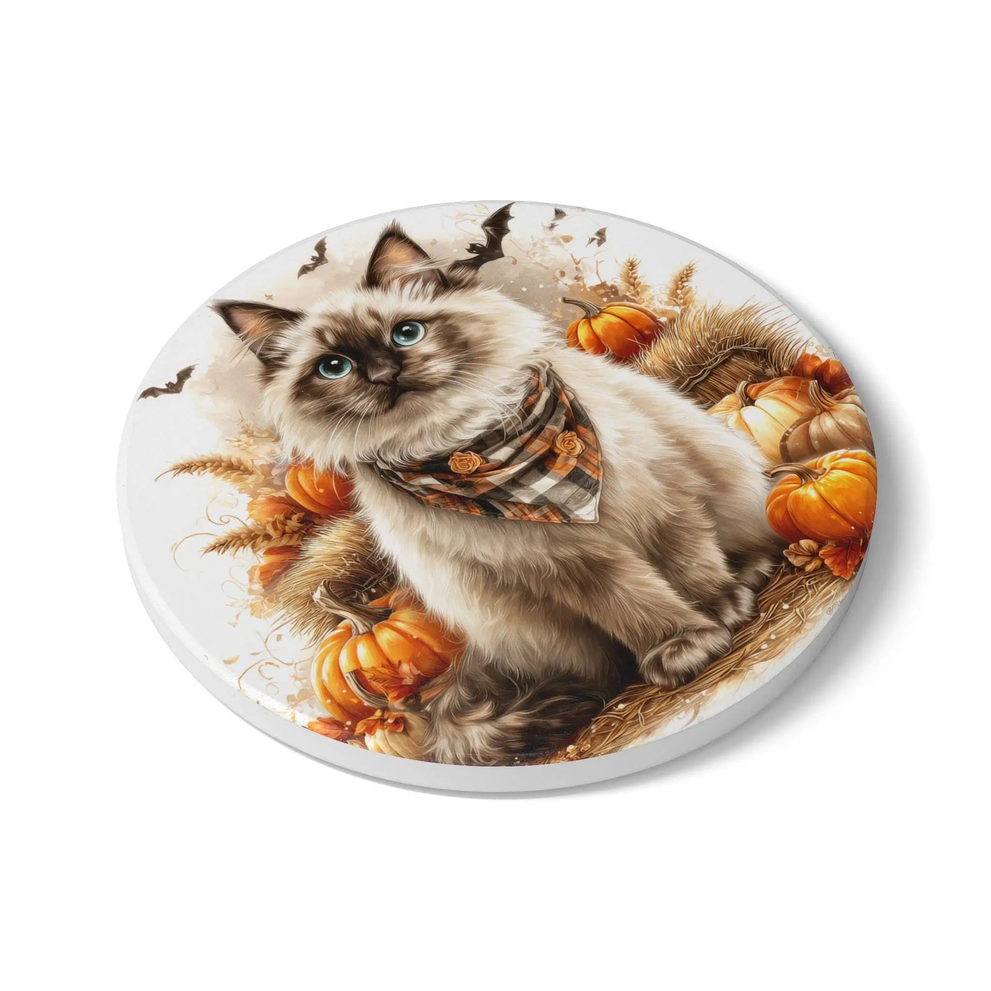 Birman Cat Ceramic Coaster: Autumn Fall Decor, Pet Lover Gift Rainbow Chaos Art Studio