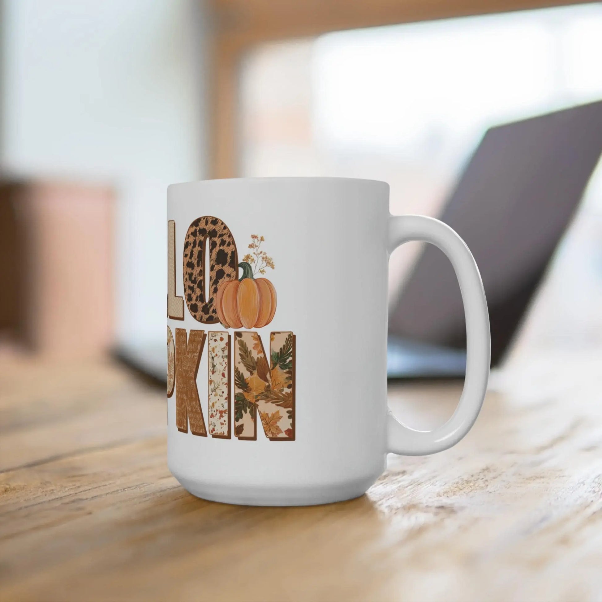 Hello Pumpkin Fall Mug: Autumn Coffee Cup, Thanksgiving Gift Rainbow Chaos Art Studio