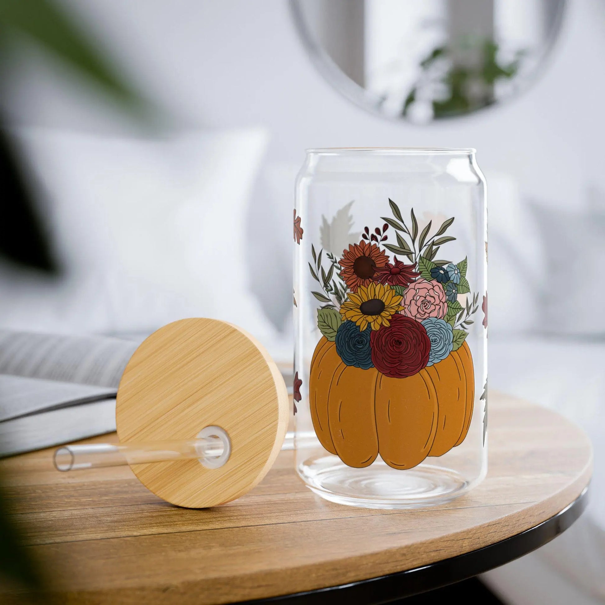 Fall Floral Sipper Glass: Pumpkin & Leaf Design with Bamboo Lid Rainbow Chaos Art Studio