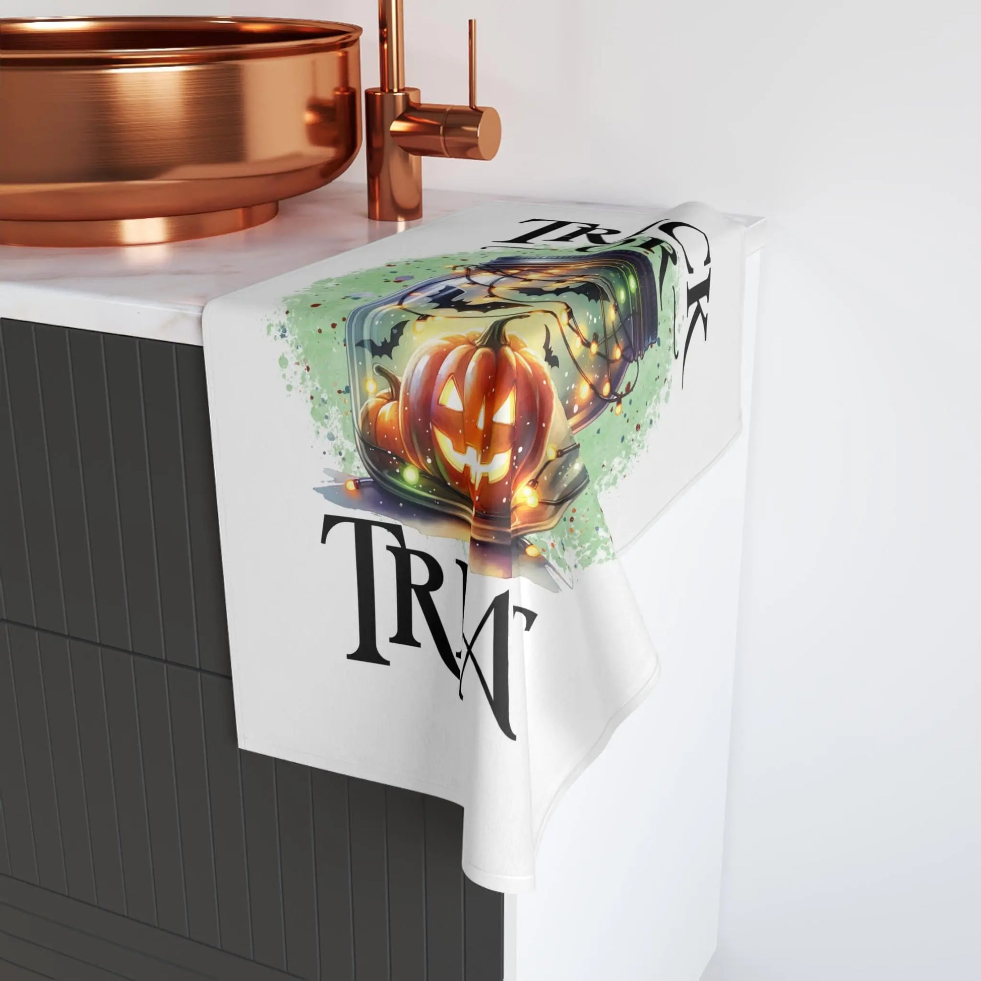 Halloween Hand Towel: Spooky Pumpkin & Bats Kitchen Decor Rainbow Chaos Art Studio