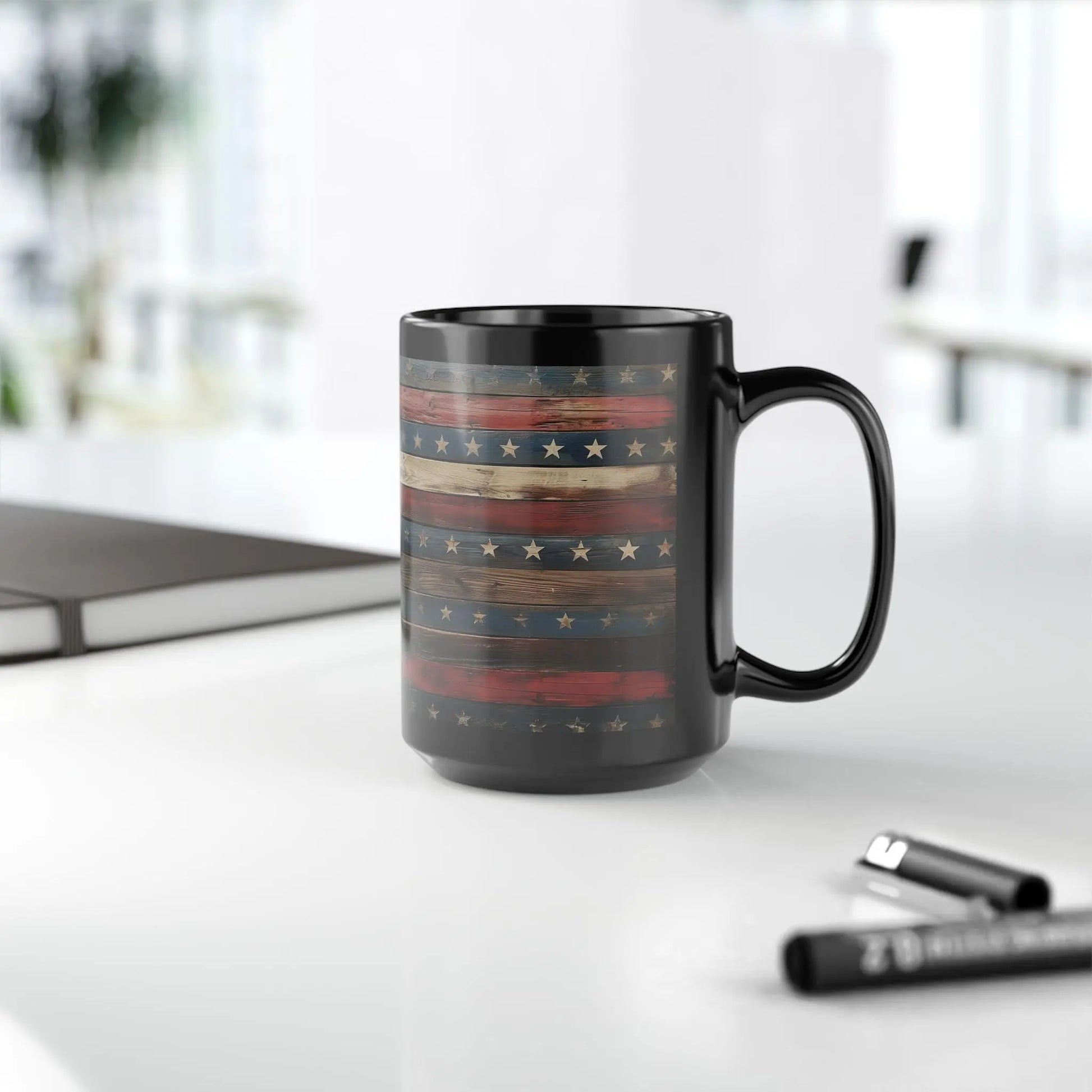 Patriotic Black Coffee Mug: Americana Decor, July 4th Gift Rainbow Chaos Art Studio