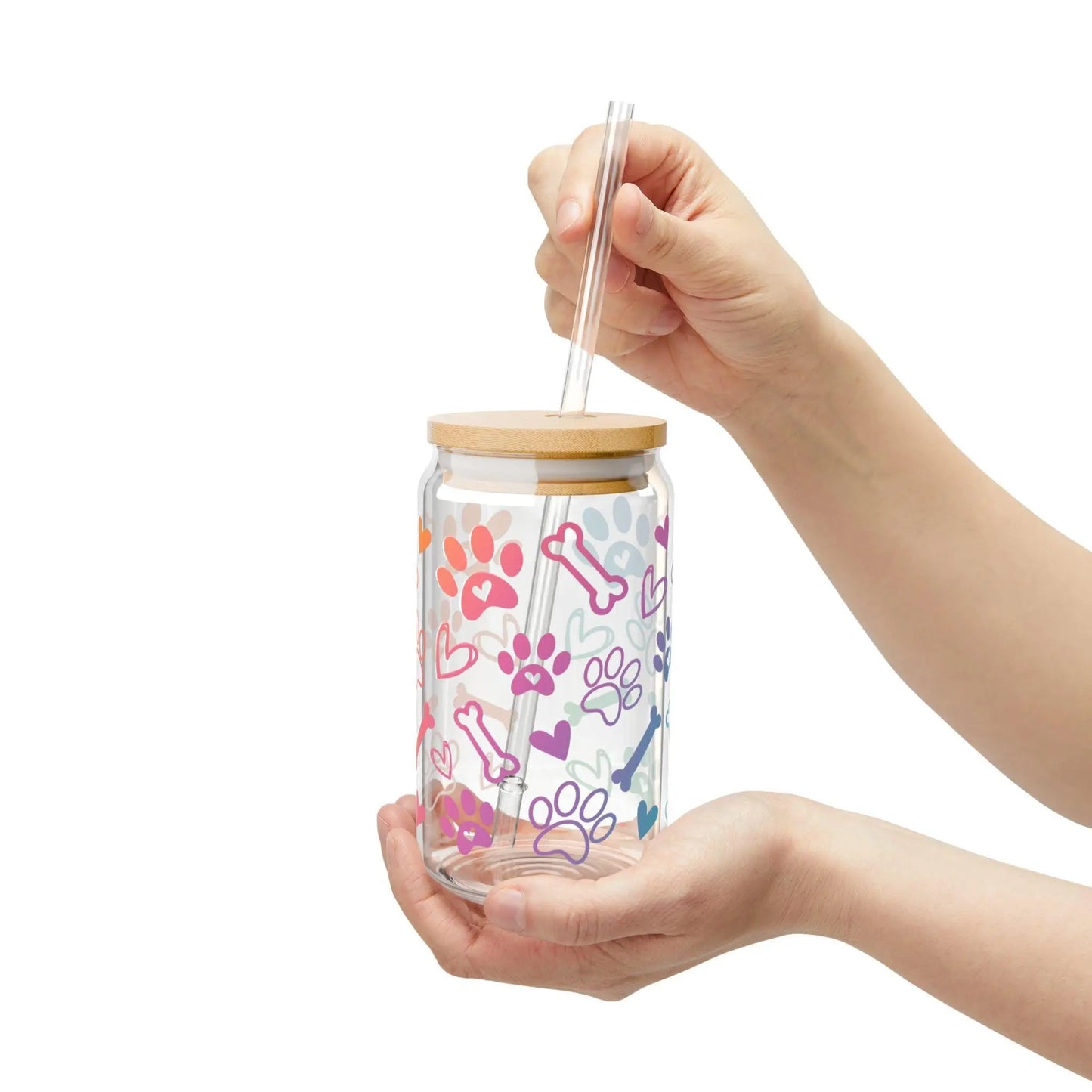 Paw Print Sipper Glass: 16oz Dog Mom Tumbler with Lid & Straw Rainbow Chaos Art Studio