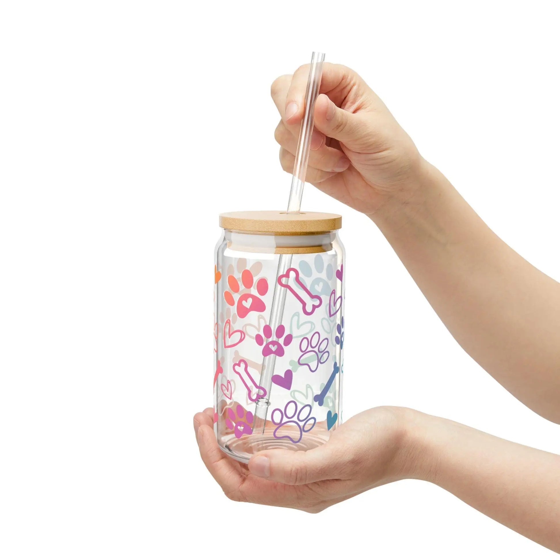 Paw Print Sipper Glass: 16oz Dog Mom Tumbler with Lid & Straw Rainbow Chaos Art Studio