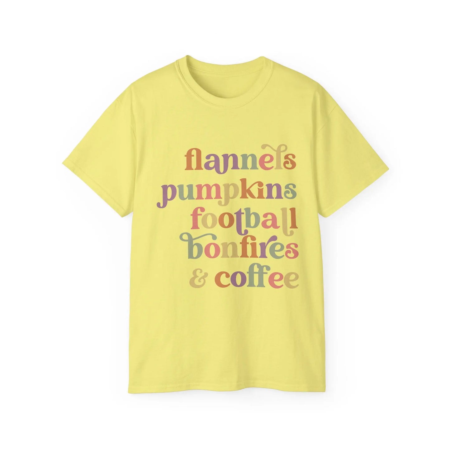 Fall Vibes Unisex Tee, Flannels Pumpkins Football Bonfires Coffee Graphic T-Shirt, Perfect for Autumn Gatherings, Cozy Apparel, Gift [...] Printify