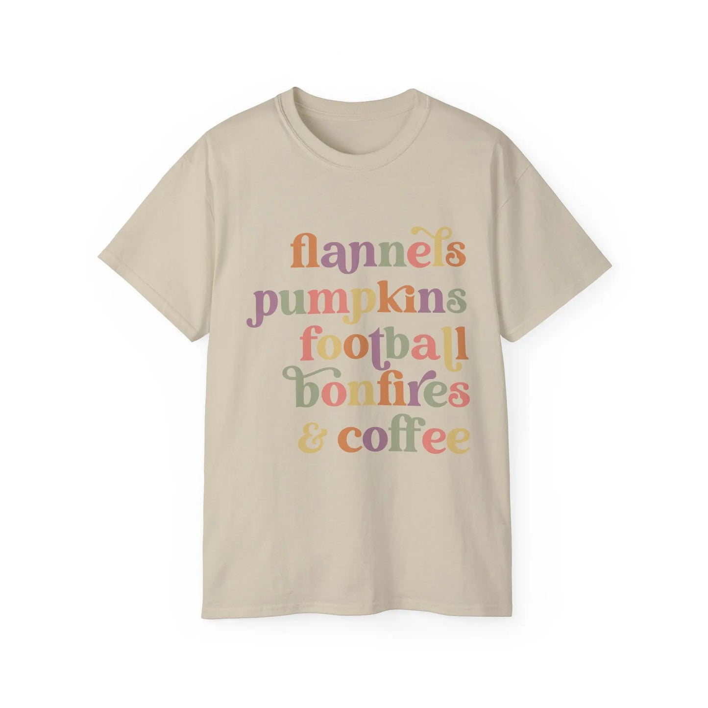 Fall Vibes Unisex Tee, Flannels Pumpkins Football Bonfires Coffee Graphic T-Shirt, Perfect for Autumn Gatherings, Cozy Apparel, Gift [...] Printify