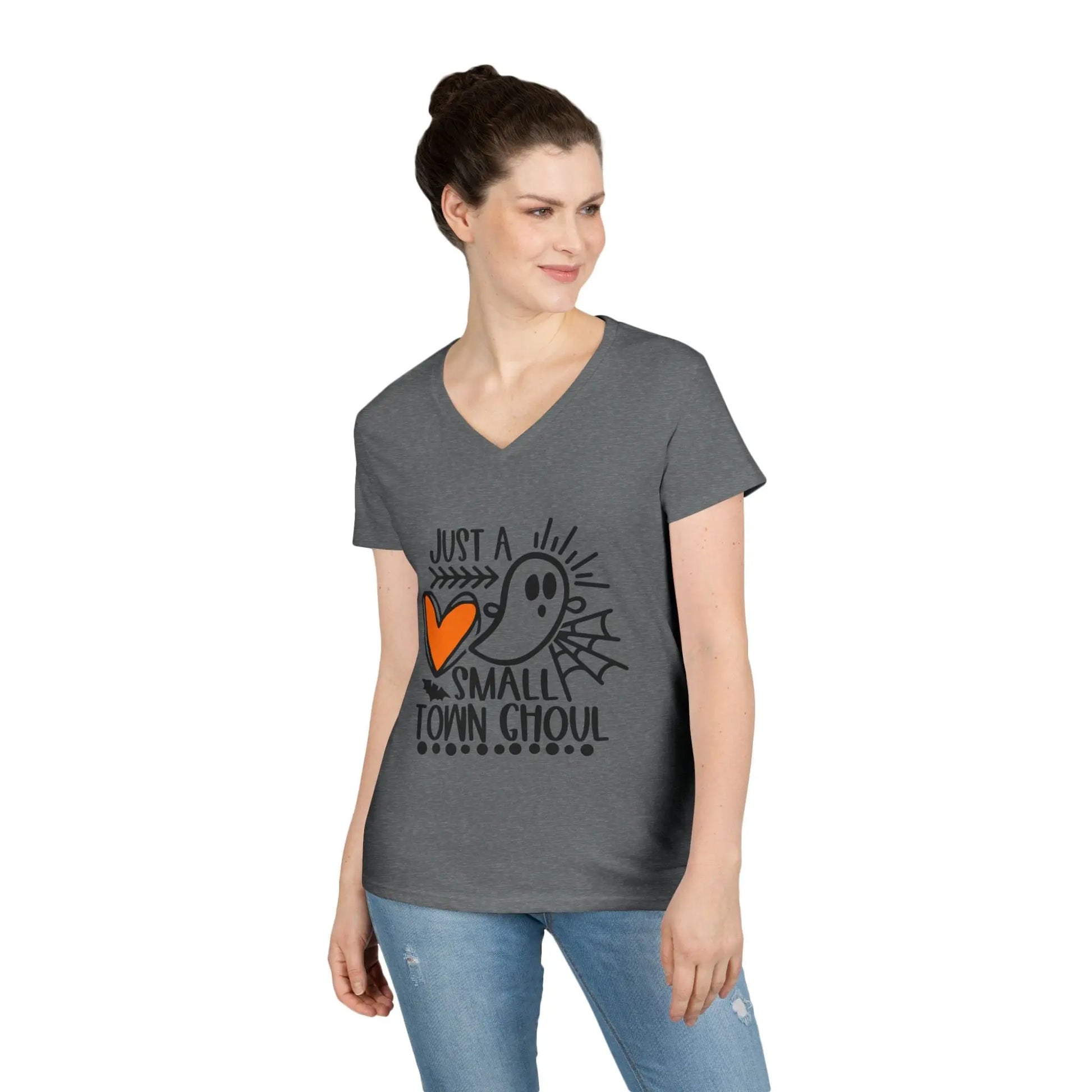 Halloween Ghost Graphic Tee, Just a Small Town Ghoul Shirt, Women's V-Neck T-Shirt, Spooky Season Top, Cute Halloween T-Shirt Printify