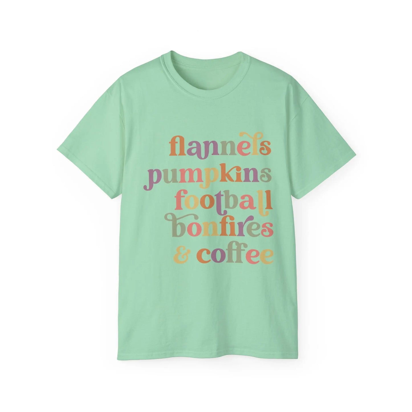 Fall Vibes Unisex Tee, Flannels Pumpkins Football Bonfires Coffee Graphic T-Shirt, Perfect for Autumn Gatherings, Cozy Apparel, Gift [...] Printify